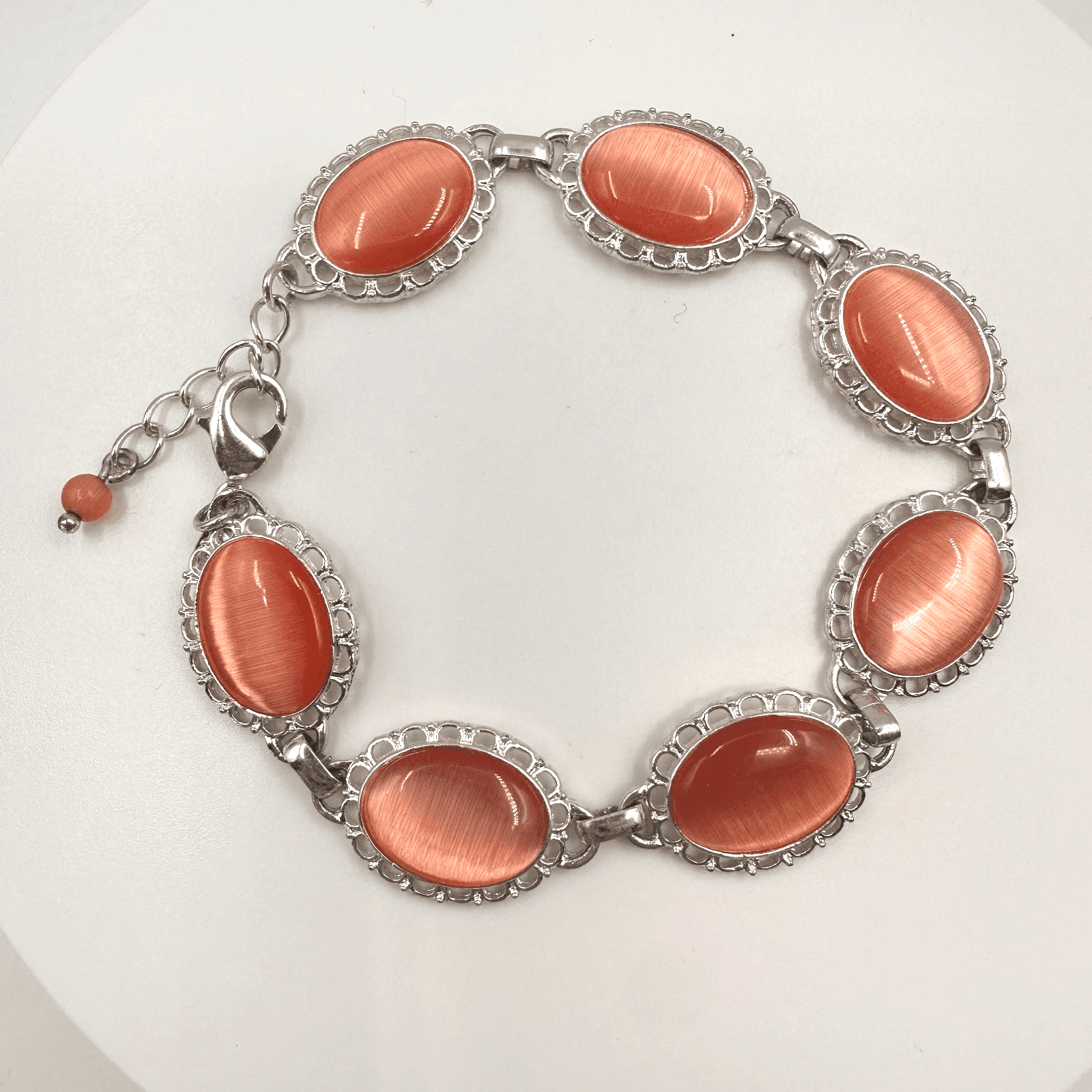 Vintage 80s Orange Moonstone Bangle Bracelet Silver Tone Style Jewelry - Image 1