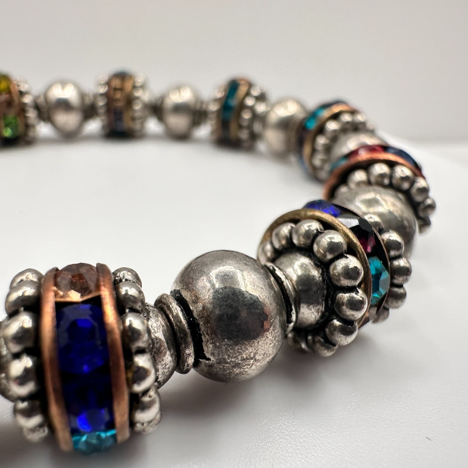 Vintage 90s Silver Tone Multi-Color Glass Beaded Stretch Bracelet Boho Jewelry - Thumbnail 5