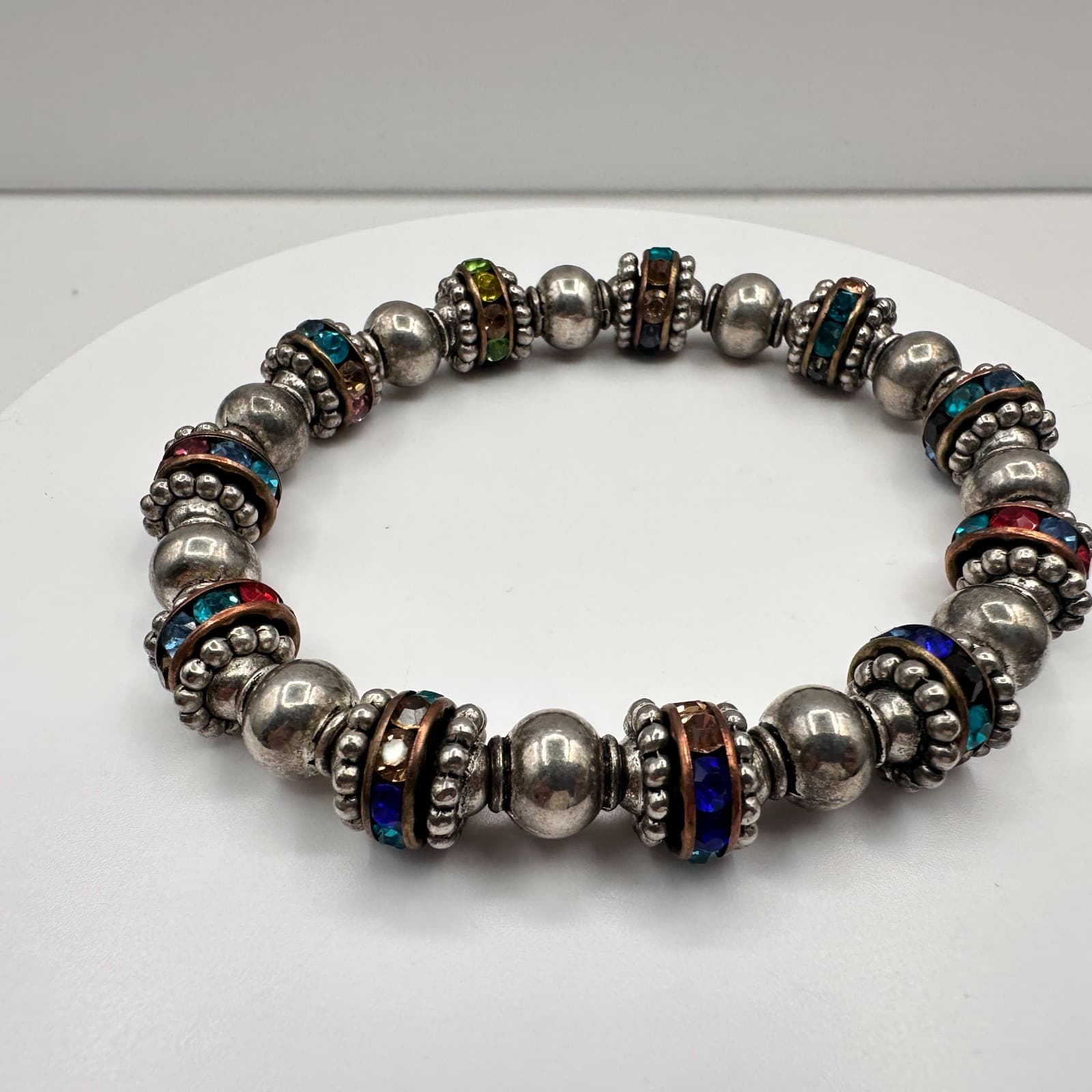 Vintage 90s Silver Tone Multi-Color Glass Beaded Stretch Bracelet Boho Jewelry - Thumbnail 2