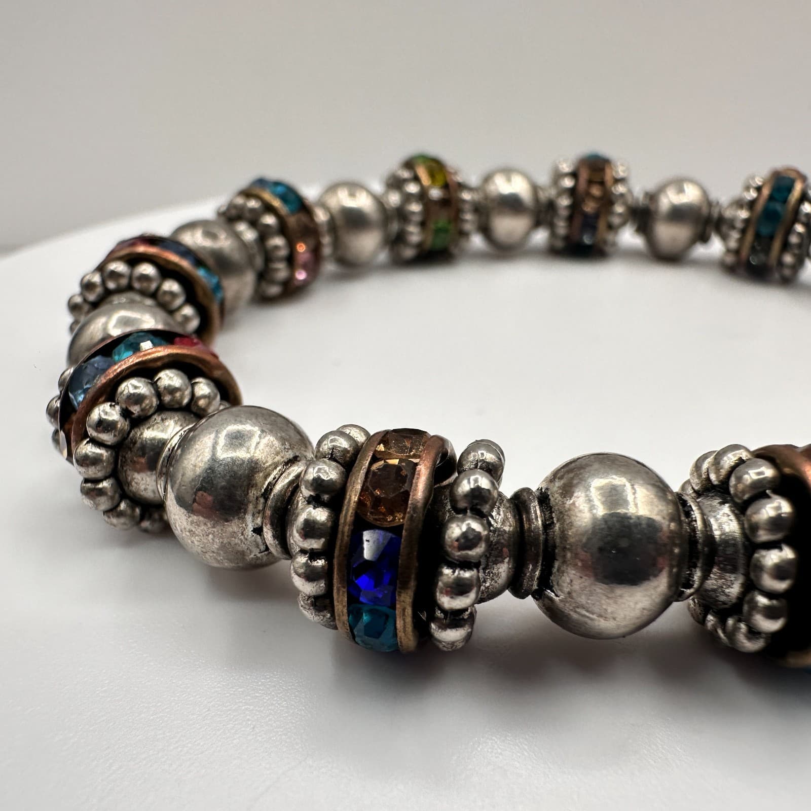 Vintage 90s Silver Tone Multi-Color Glass Beaded Stretch Bracelet Boho Jewelry - Thumbnail 3