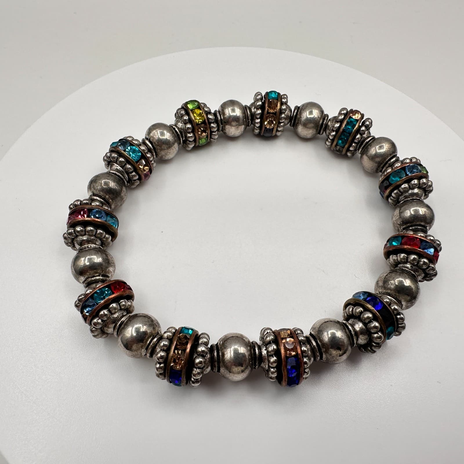 Vintage 90s Silver Tone Multi-Color Glass Beaded Stretch Bracelet Boho Jewelry - Thumbnail 6