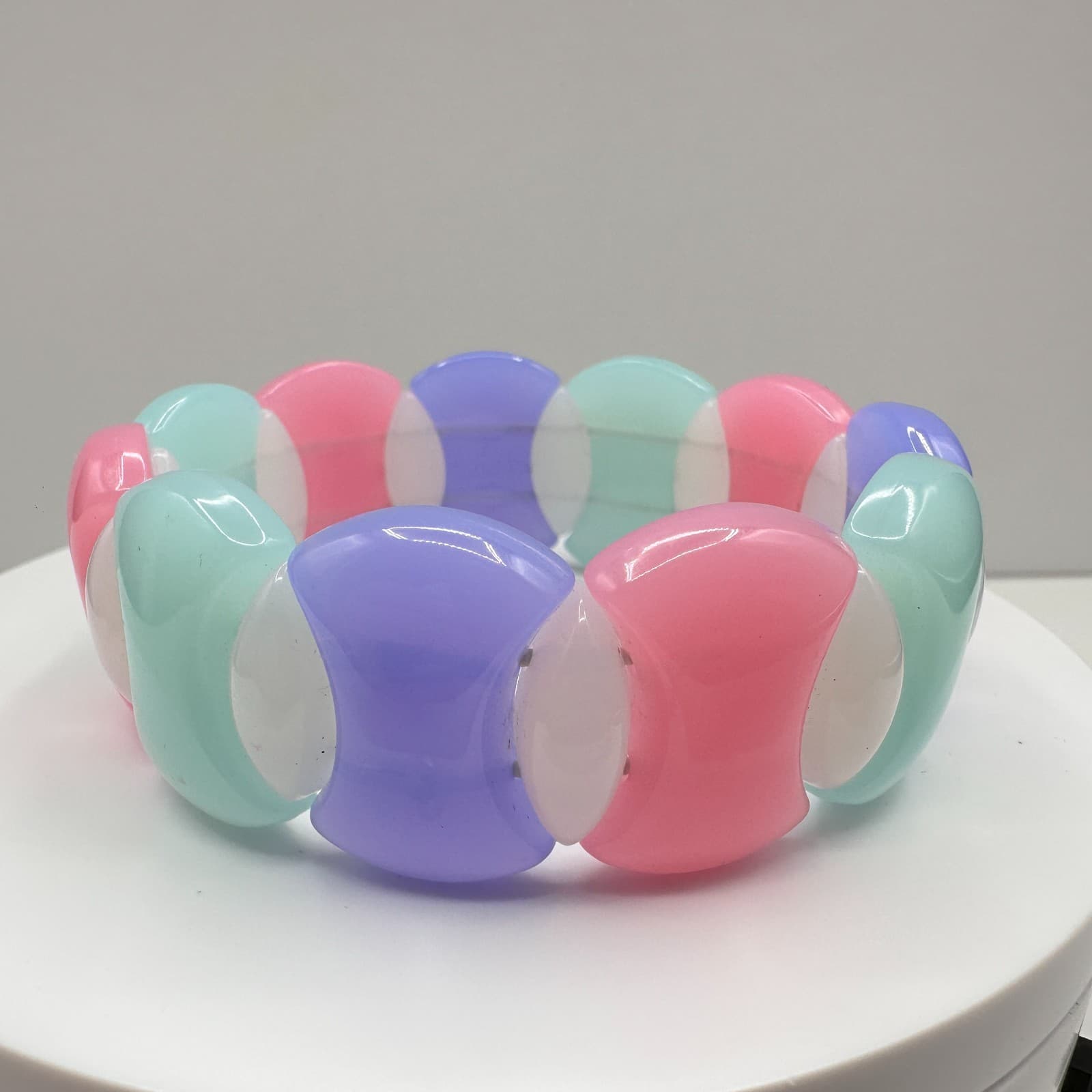 Vintage 90s Pastel Resin Stretch Bracelet Pink Purple Teal Chunky Retro Bangle - Image 1