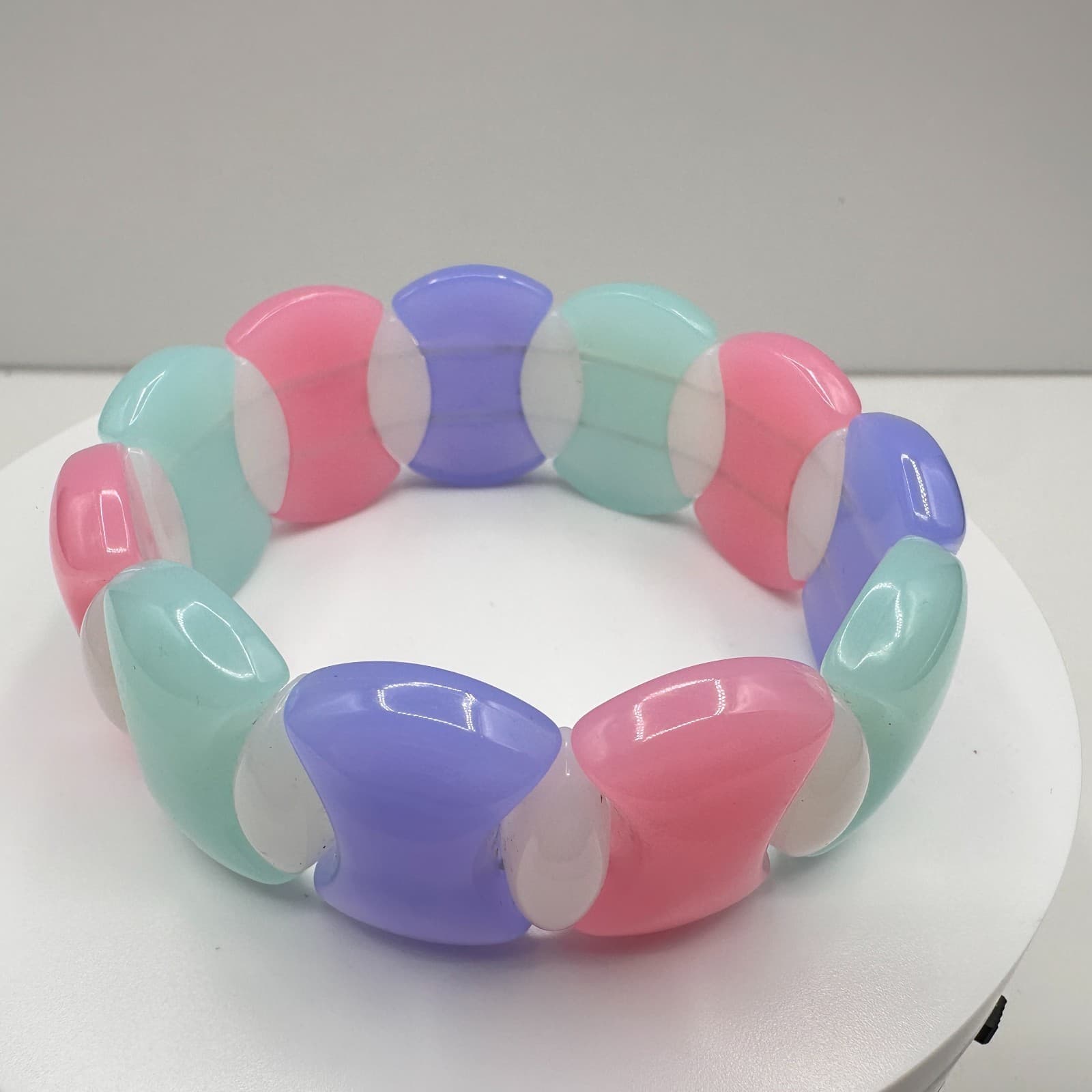 Vintage 90s Pastel Resin Stretch Bracelet Pink Purple Teal Chunky Retro Bangle - Thumbnail 2