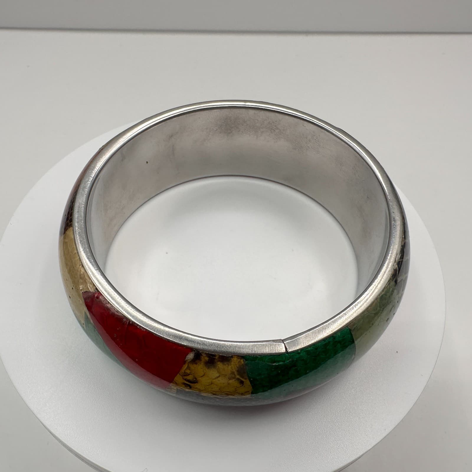 Vintage 80s Snakeskin Inlay Bangle Bracelet Multi-Color Patchwork Silver Tone - Thumbnail 3