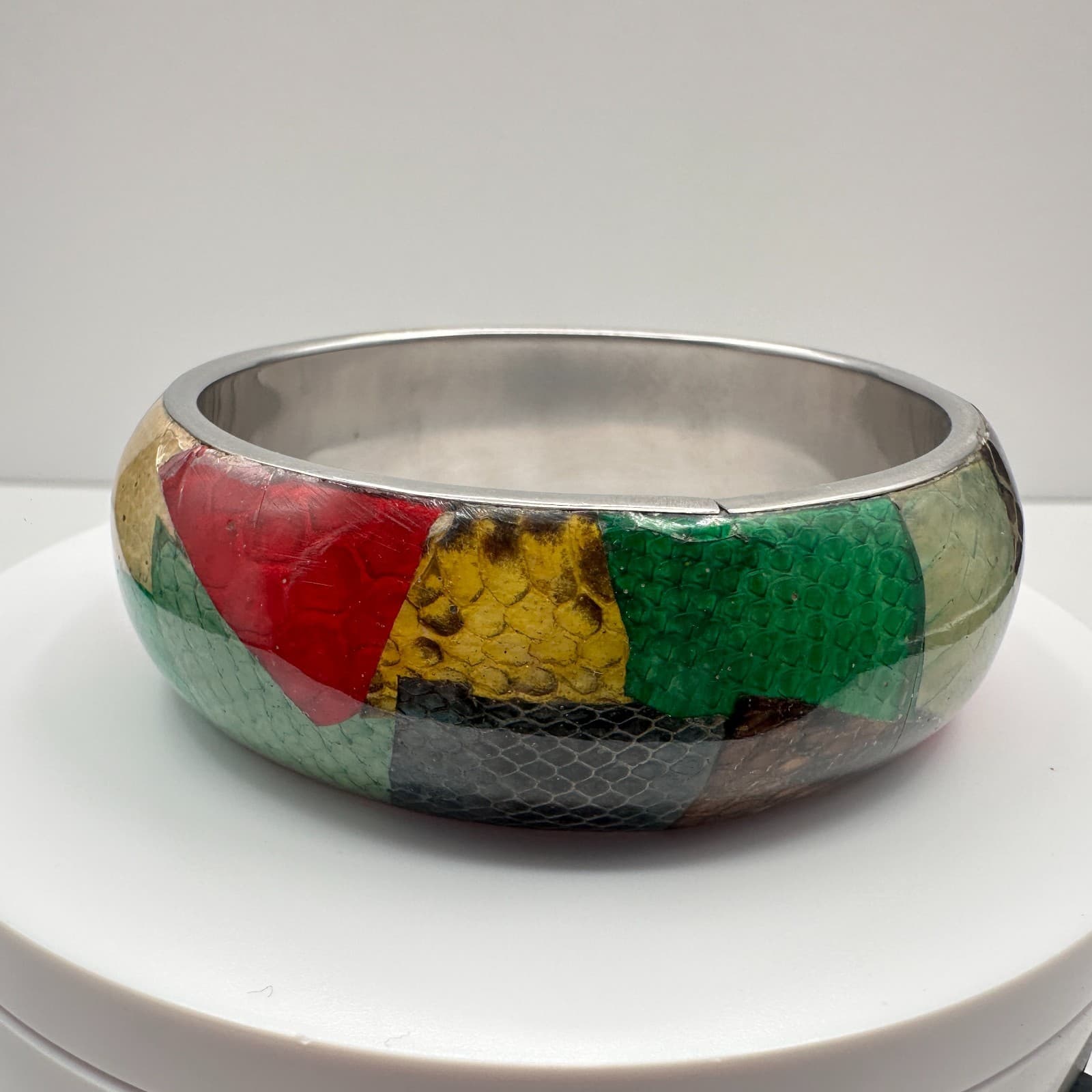Vintage 80s Snakeskin Inlay Bangle Bracelet Multi-Color Patchwork Silver Tone - Image 1