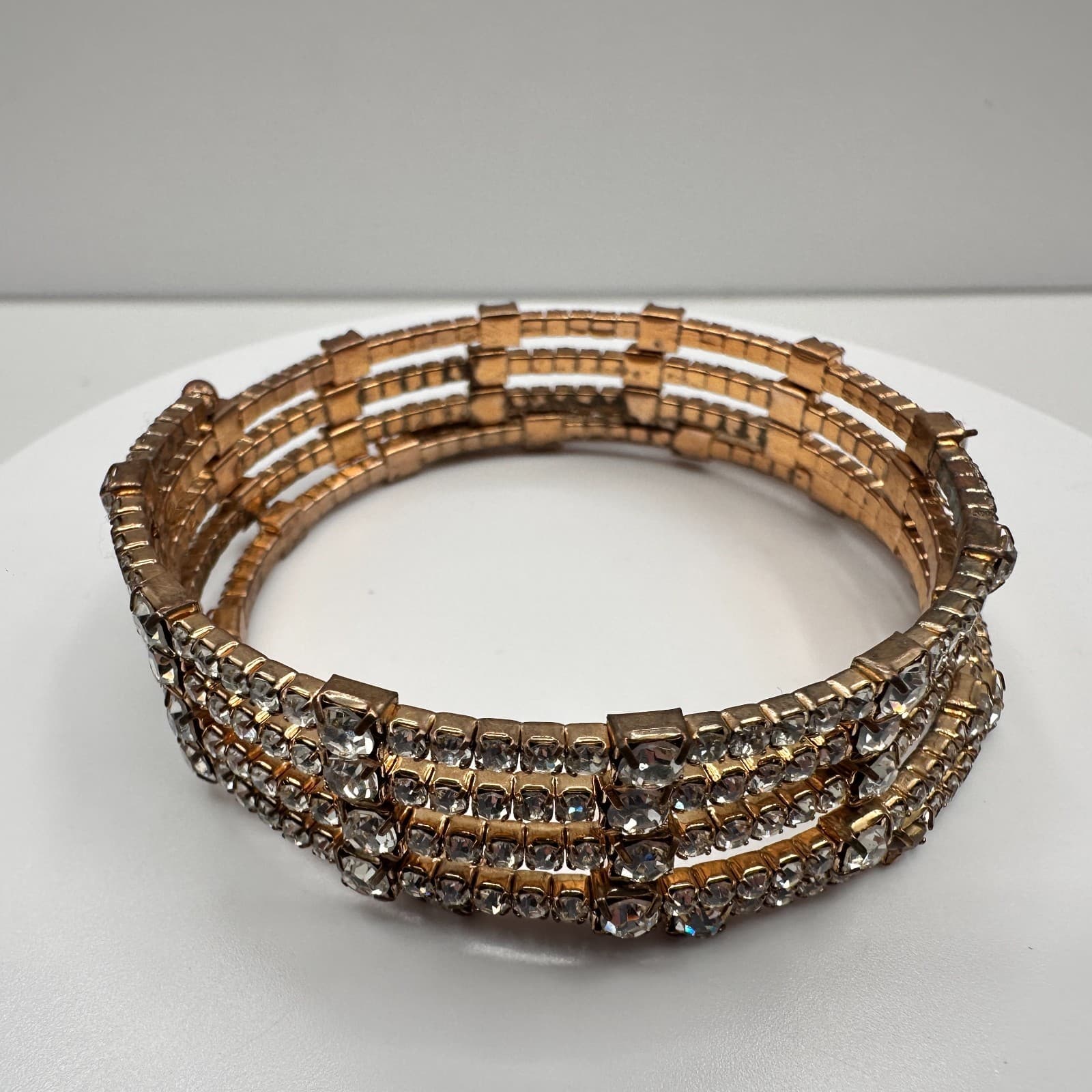 Vintage 60s 70s Gold Tone 4-Row Rhinestone Coil Wrap Bracelet Mid-Century Style - Thumbnail 3