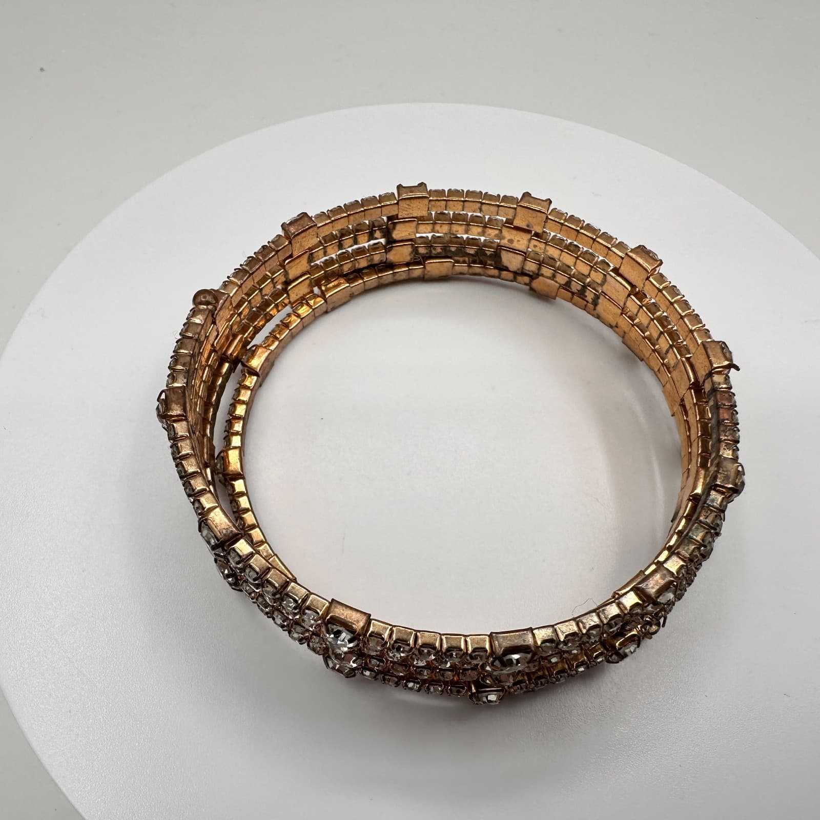 Vintage 60s 70s Gold Tone 4-Row Rhinestone Coil Wrap Bracelet Mid-Century Style - Thumbnail 6