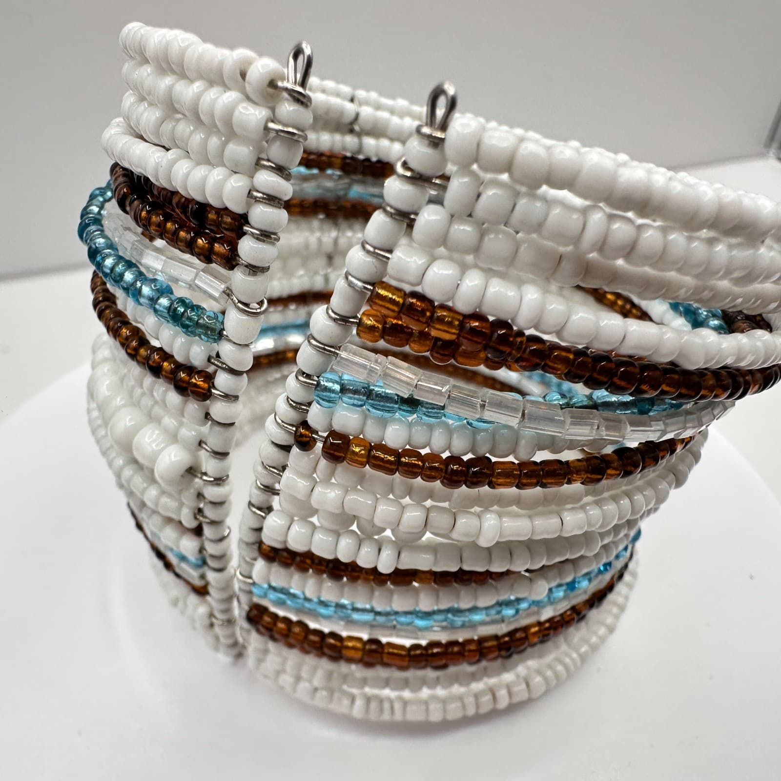 Vintage 90s Multi-Row Seed Bead Cuff Bracelet Boho Wide Stacked Women's Jewelry - Thumbnail 4