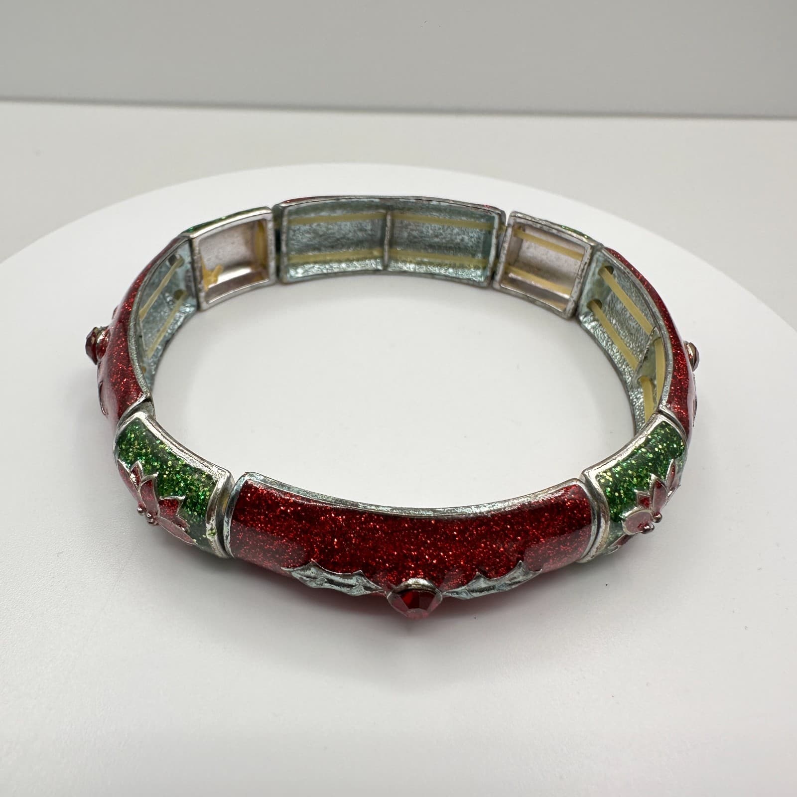 Vintage 90s Christmas Poinsettia Stretch Bracelet Red Green Glitter Enamel - Thumbnail 6