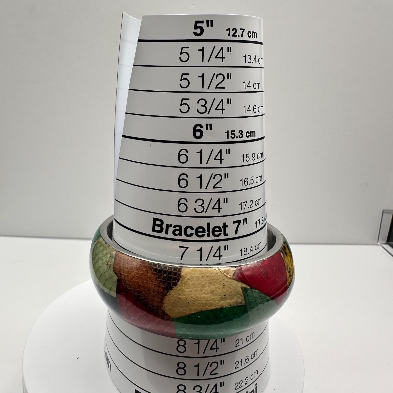 Vintage 80s Snakeskin Inlay Bangle Bracelet Multi-Color Patchwork Silver Tone - Thumbnail 6