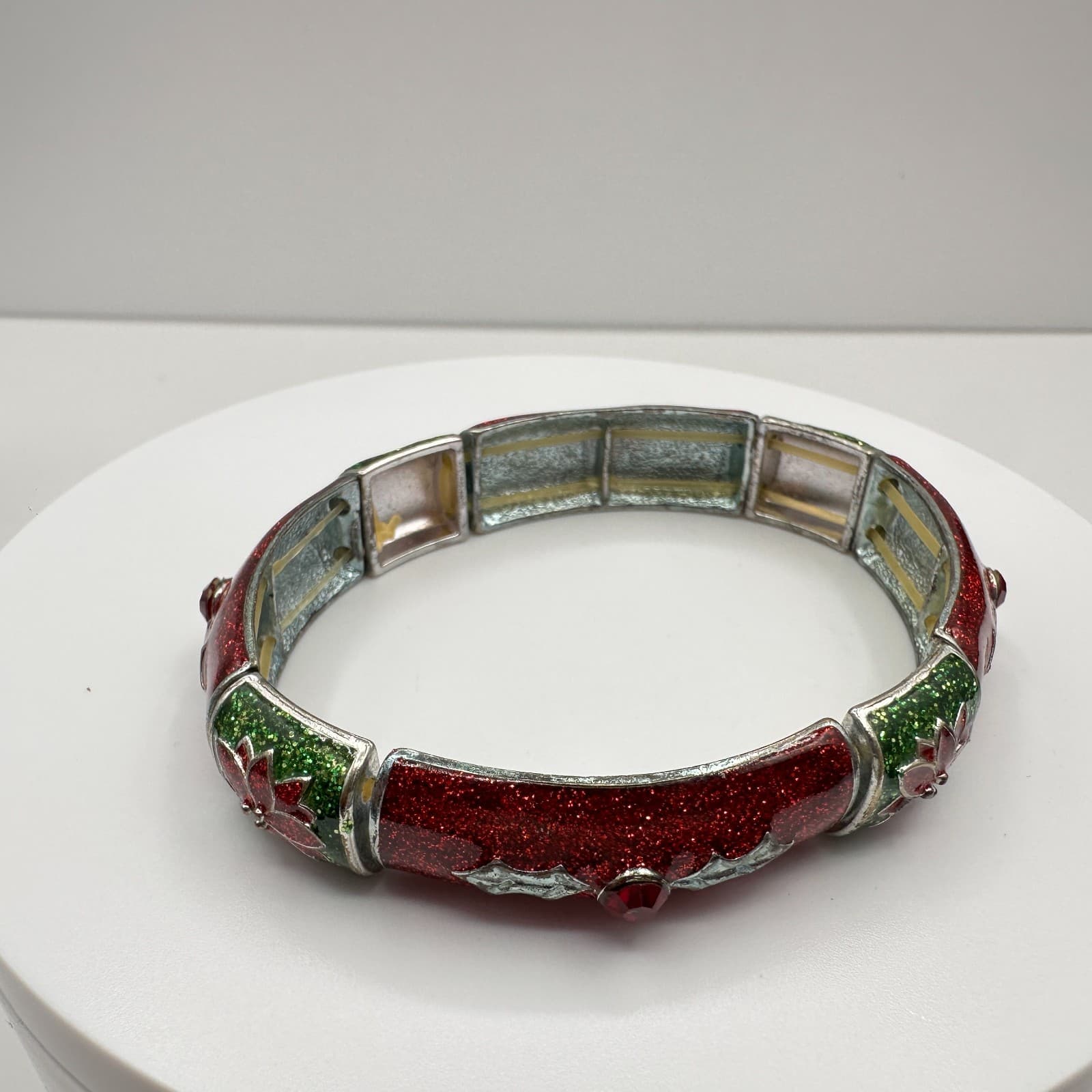 Vintage 90s Christmas Poinsettia Stretch Bracelet Red Green Glitter Enamel - Thumbnail 2