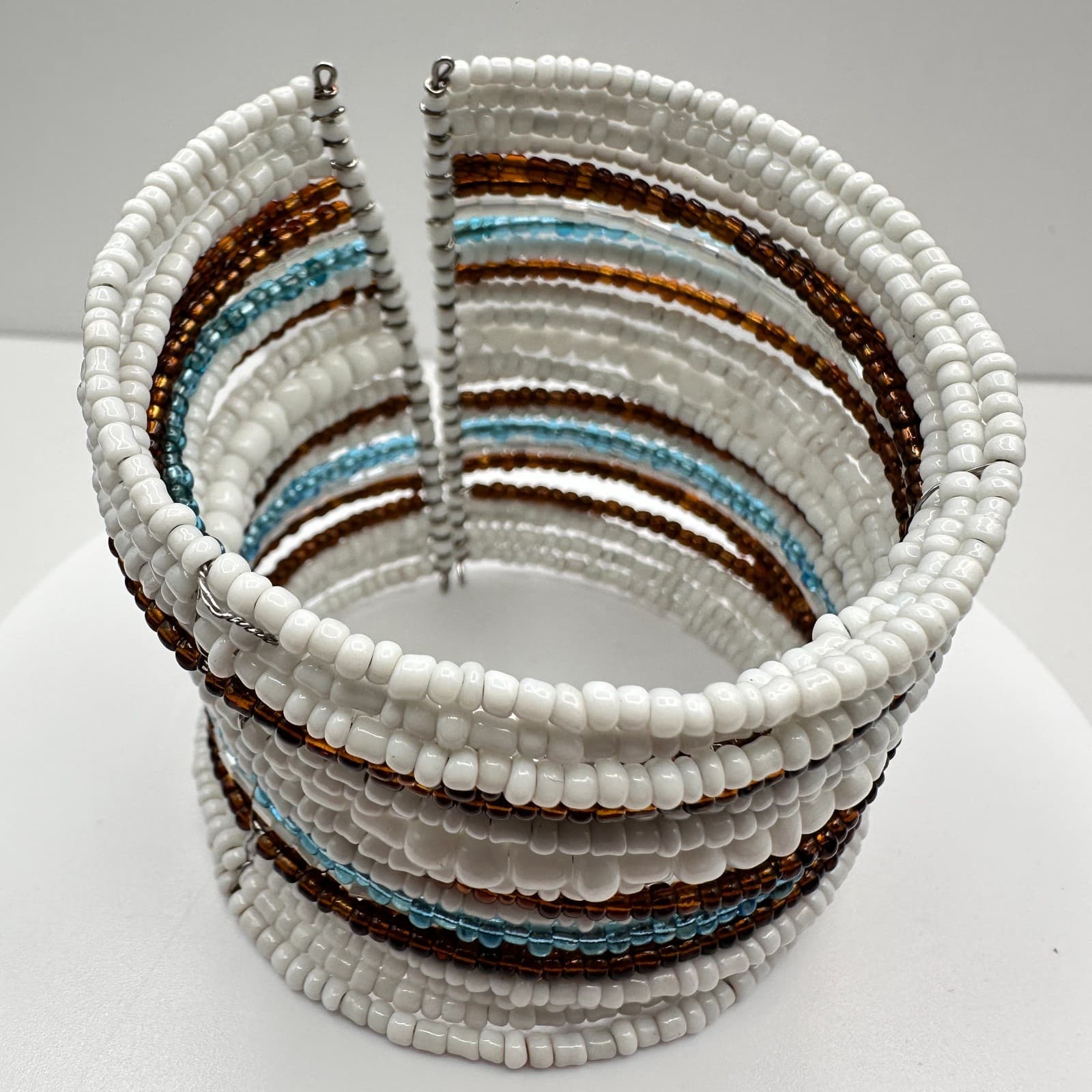 Vintage 90s Multi-Row Seed Bead Cuff Bracelet Boho Wide Stacked Women's Jewelry - Thumbnail 6