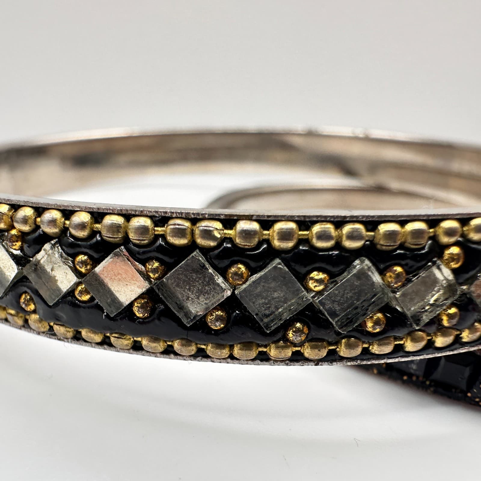 Vintage 90s Black Glass Bangle Bracelet Set Silver Tone Boho Women's Jewelry - Thumbnail 3