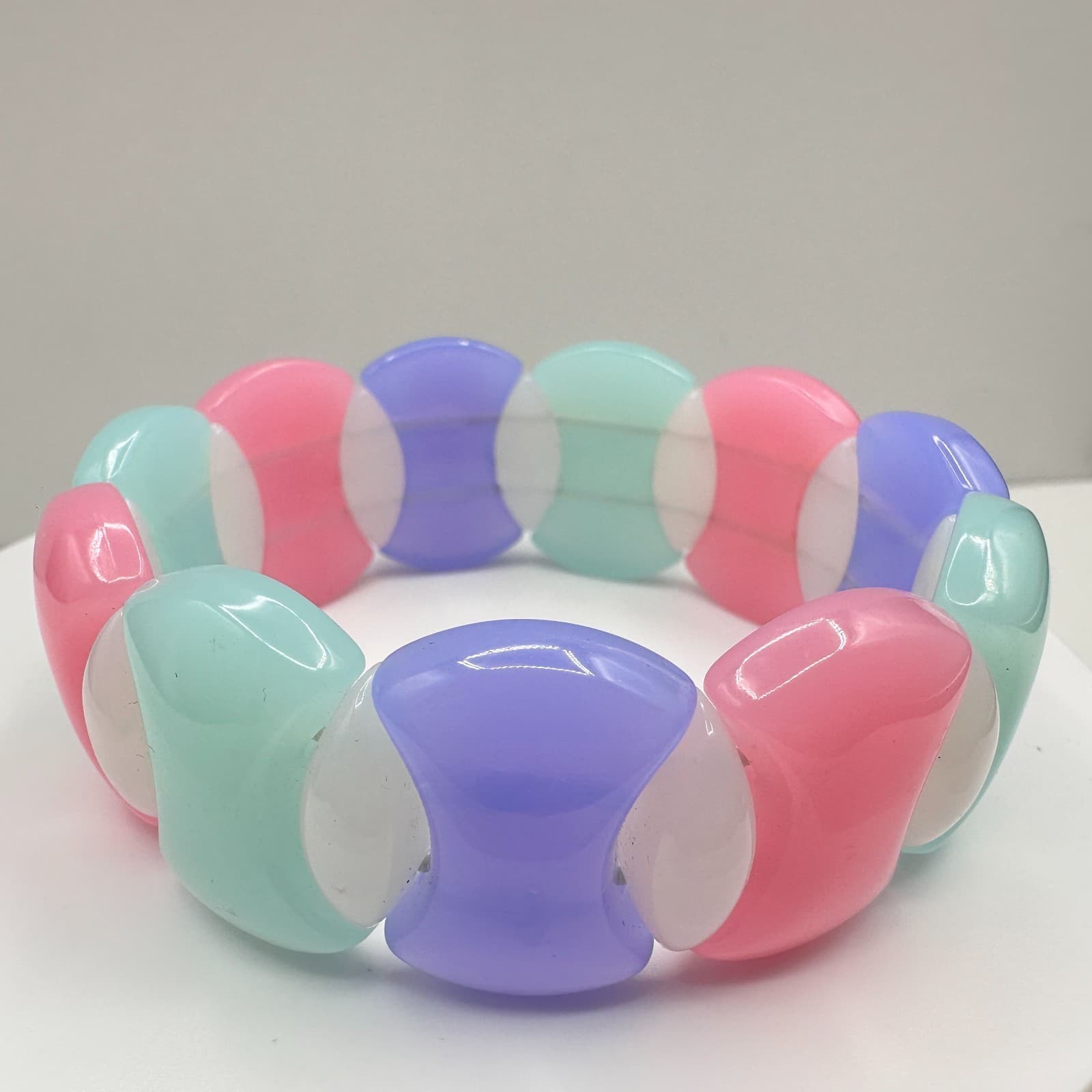 Vintage 90s Pastel Resin Stretch Bracelet Pink Purple Teal Chunky Retro Bangle - Thumbnail 3