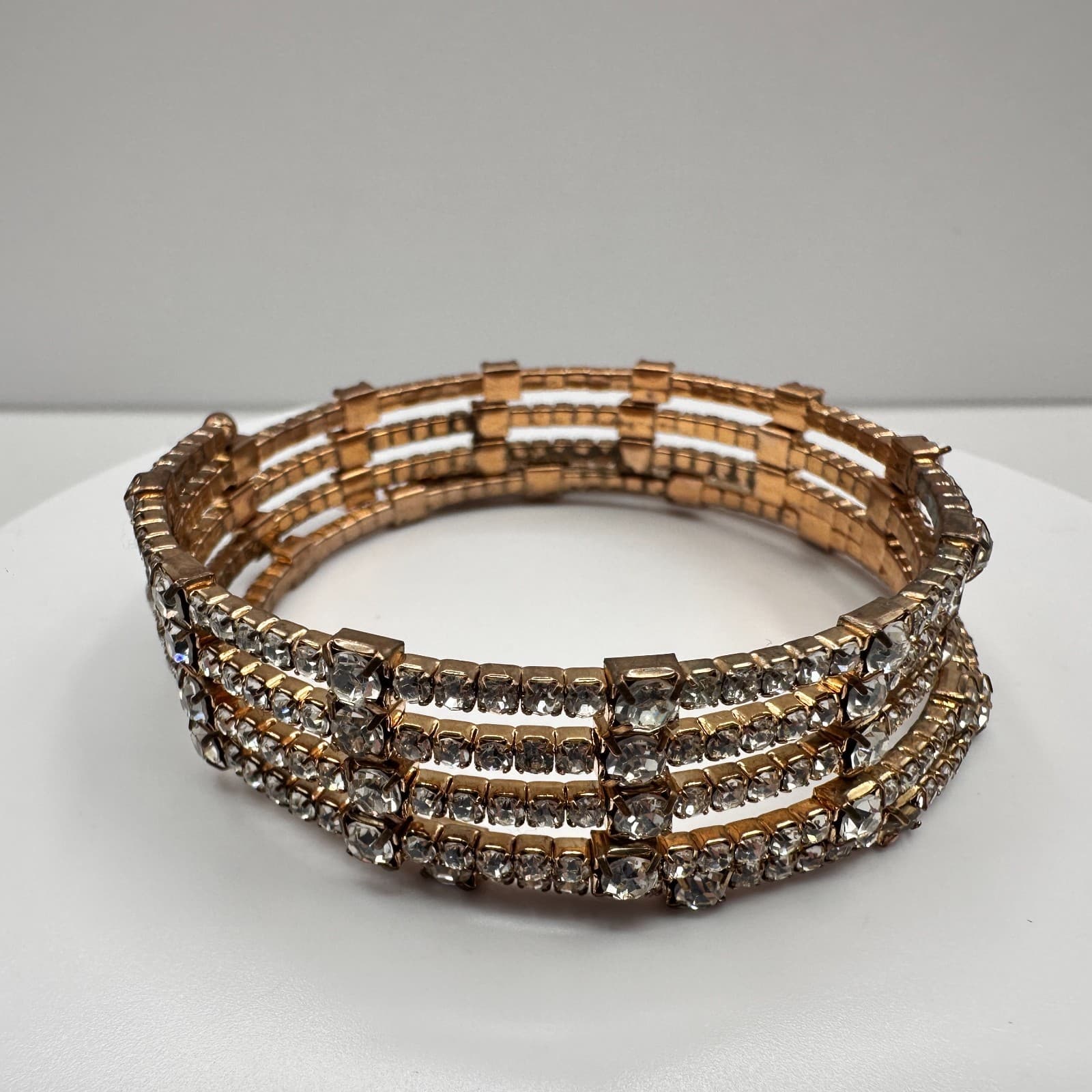 Vintage 60s 70s Gold Tone 4-Row Rhinestone Coil Wrap Bracelet Mid-Century Style - Thumbnail 2