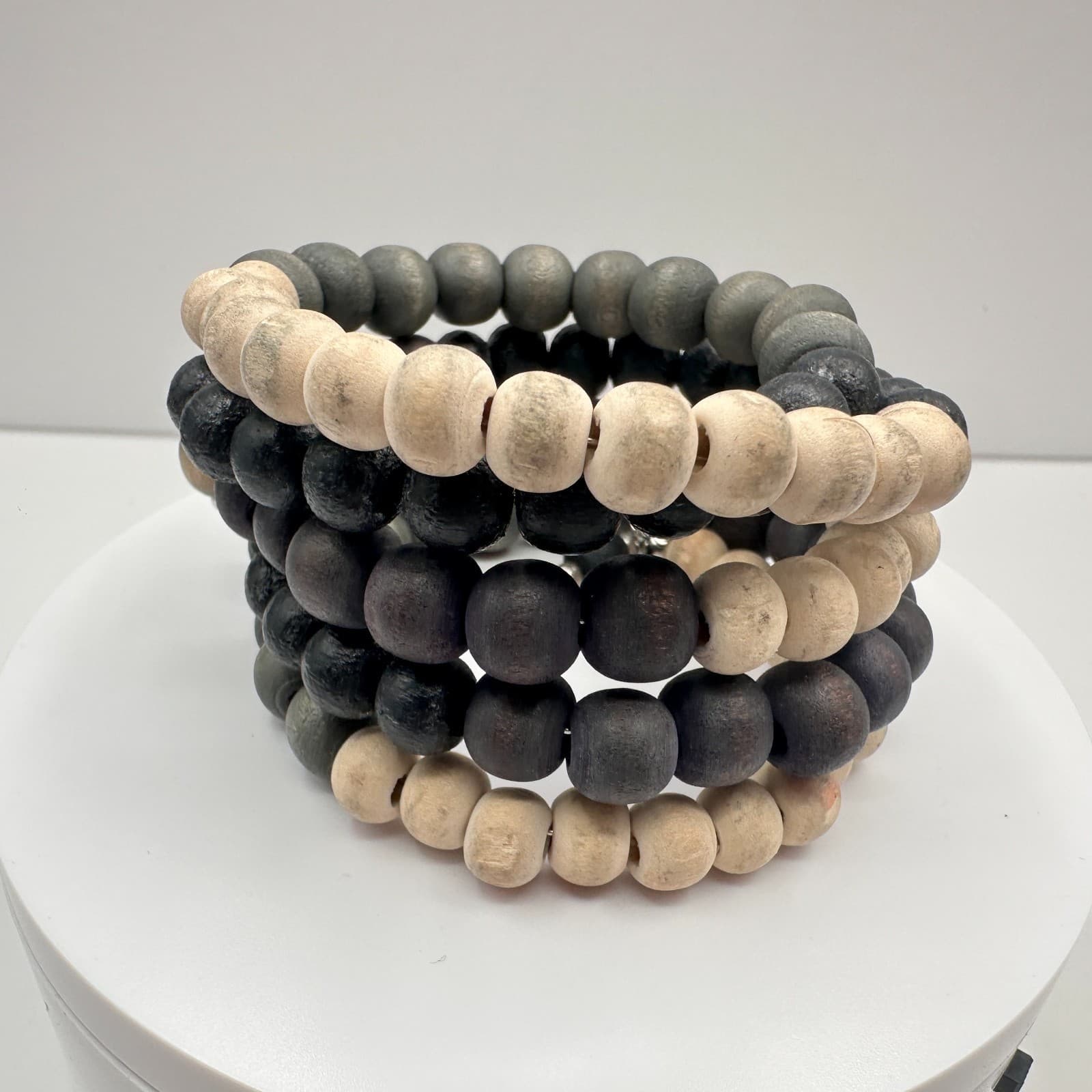 Vintage 90s Boho Wooden Bead Coil Wrap Bracelet Neutral Classic Fashion Jewelry - Image 1