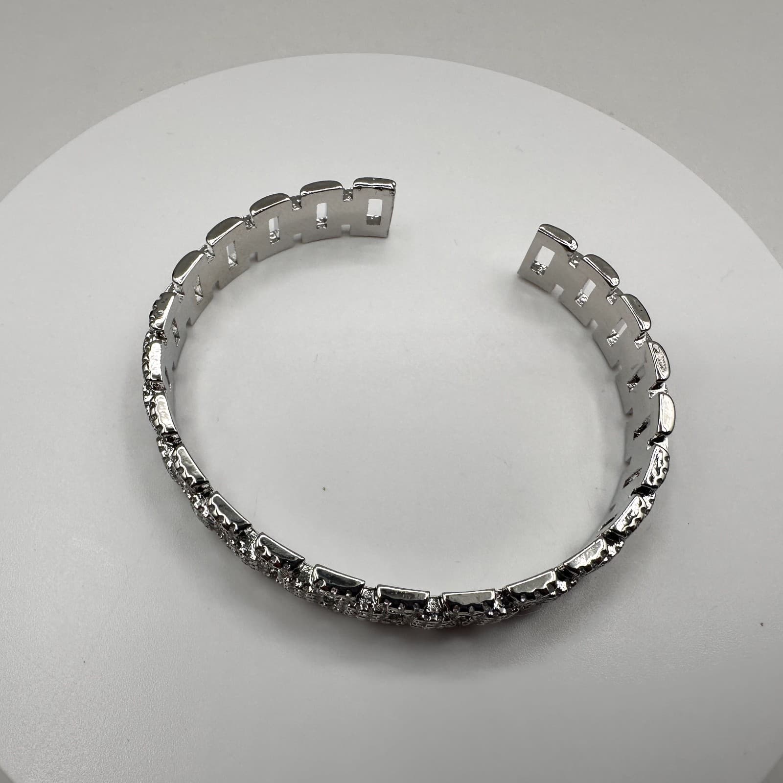 Vintage 90s Silver Tone Pave Glass Cuff Bracelet Rectangular Link Fashion - Thumbnail 6