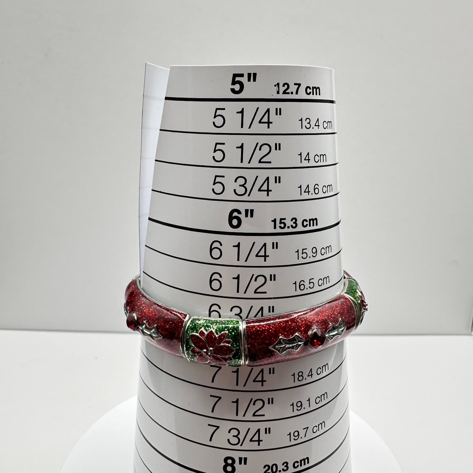 Vintage 90s Christmas Poinsettia Stretch Bracelet Red Green Glitter Enamel - Thumbnail 7