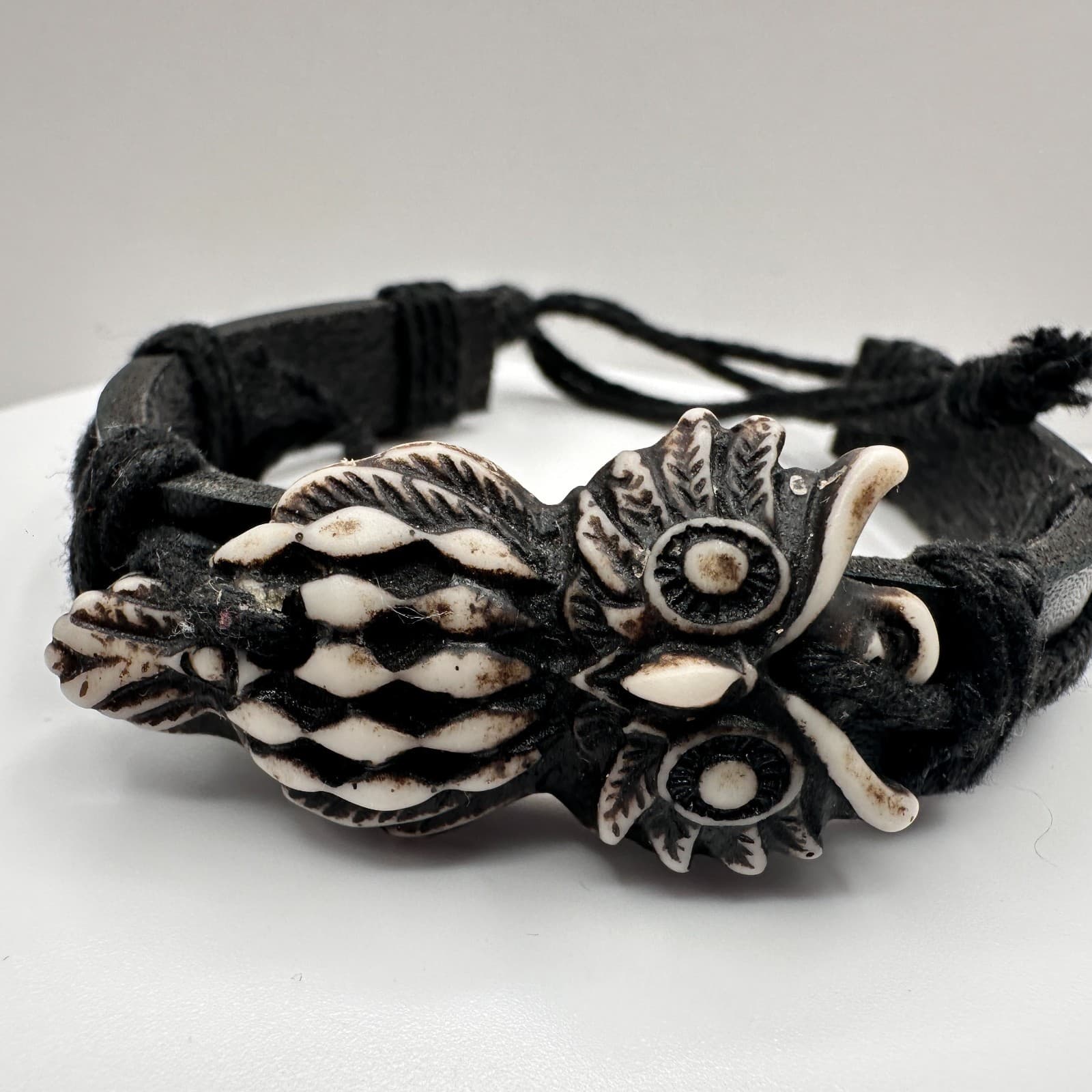 Vintage 90s Owl Charm Black Leather Bracelet Boho Ethnic Style Classic Jewelry - Thumbnail 2