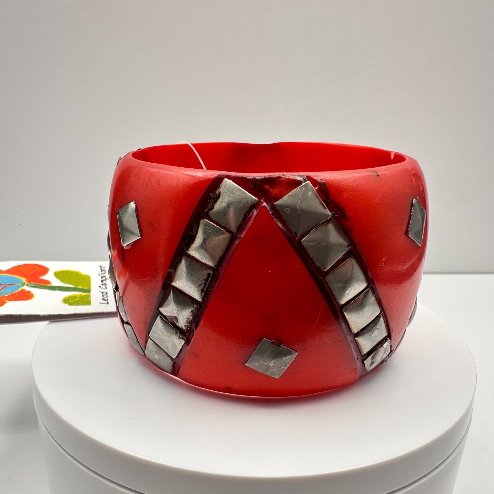 Vintage 80s Antika Red Resin Bangle Bracelet Studded Silver Pyramids Bold Punk - Image 1