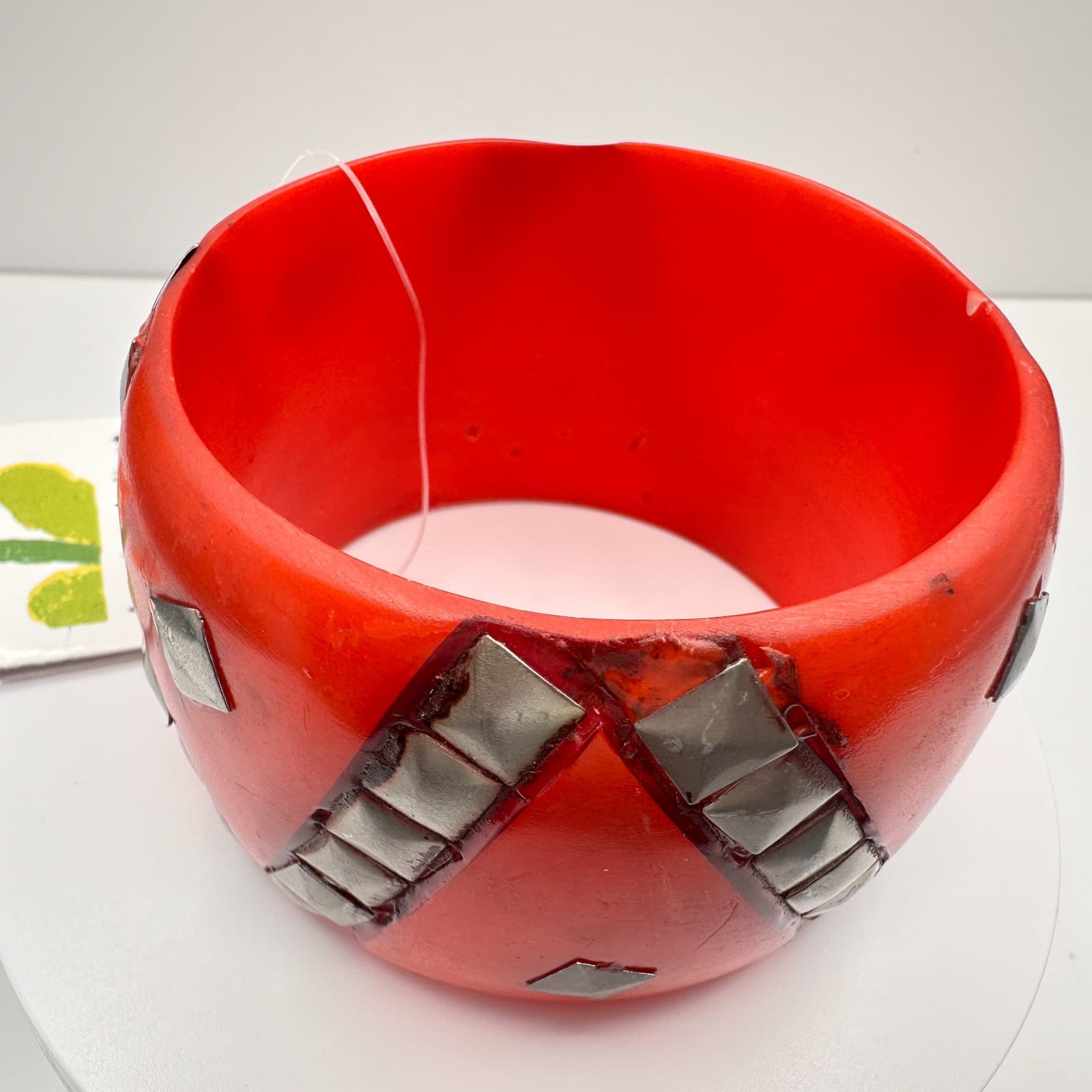 Vintage 80s Antika Red Resin Bangle Bracelet Studded Silver Pyramids Bold Punk - Thumbnail 2