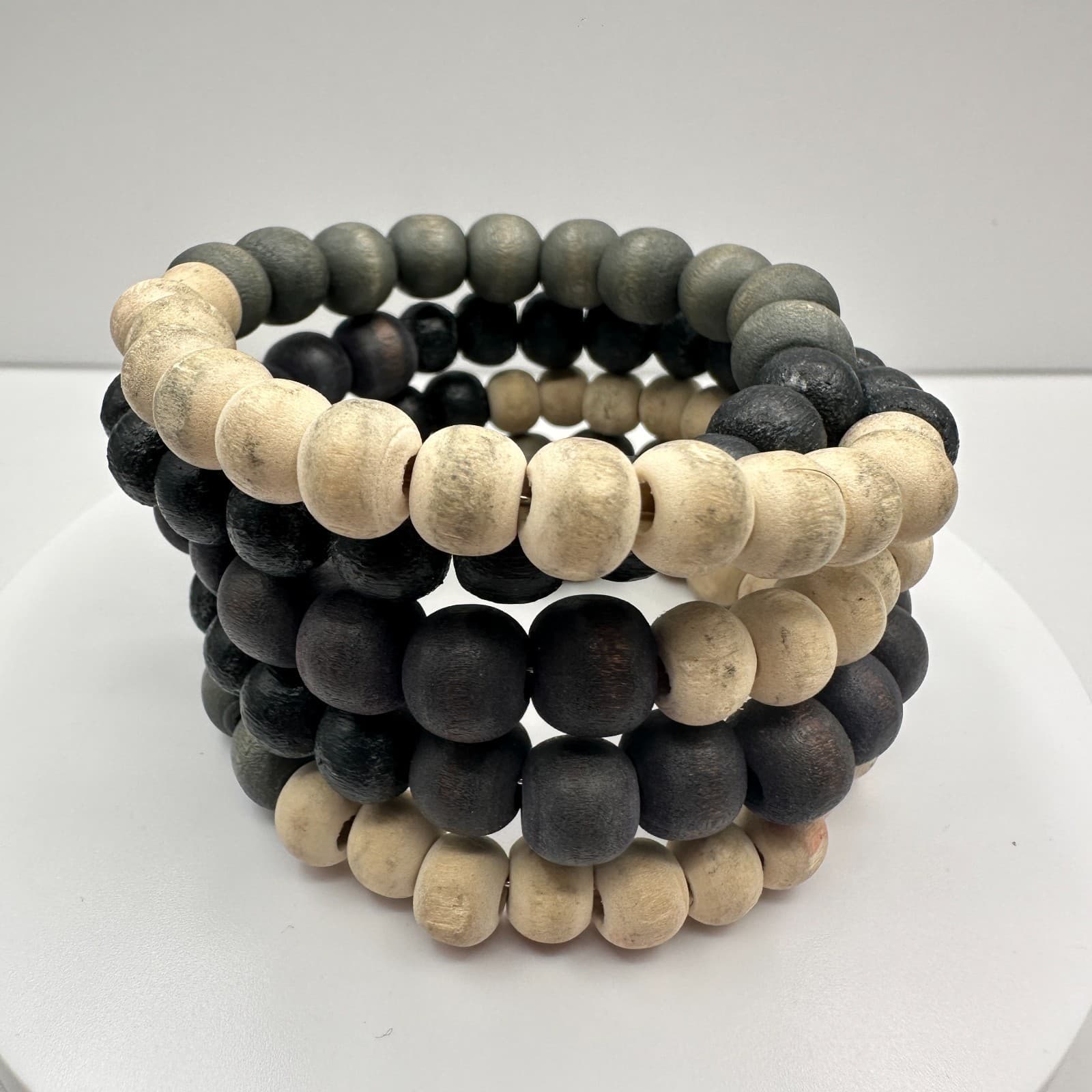 Vintage 90s Boho Wooden Bead Coil Wrap Bracelet Neutral Classic Fashion Jewelry - Thumbnail 5