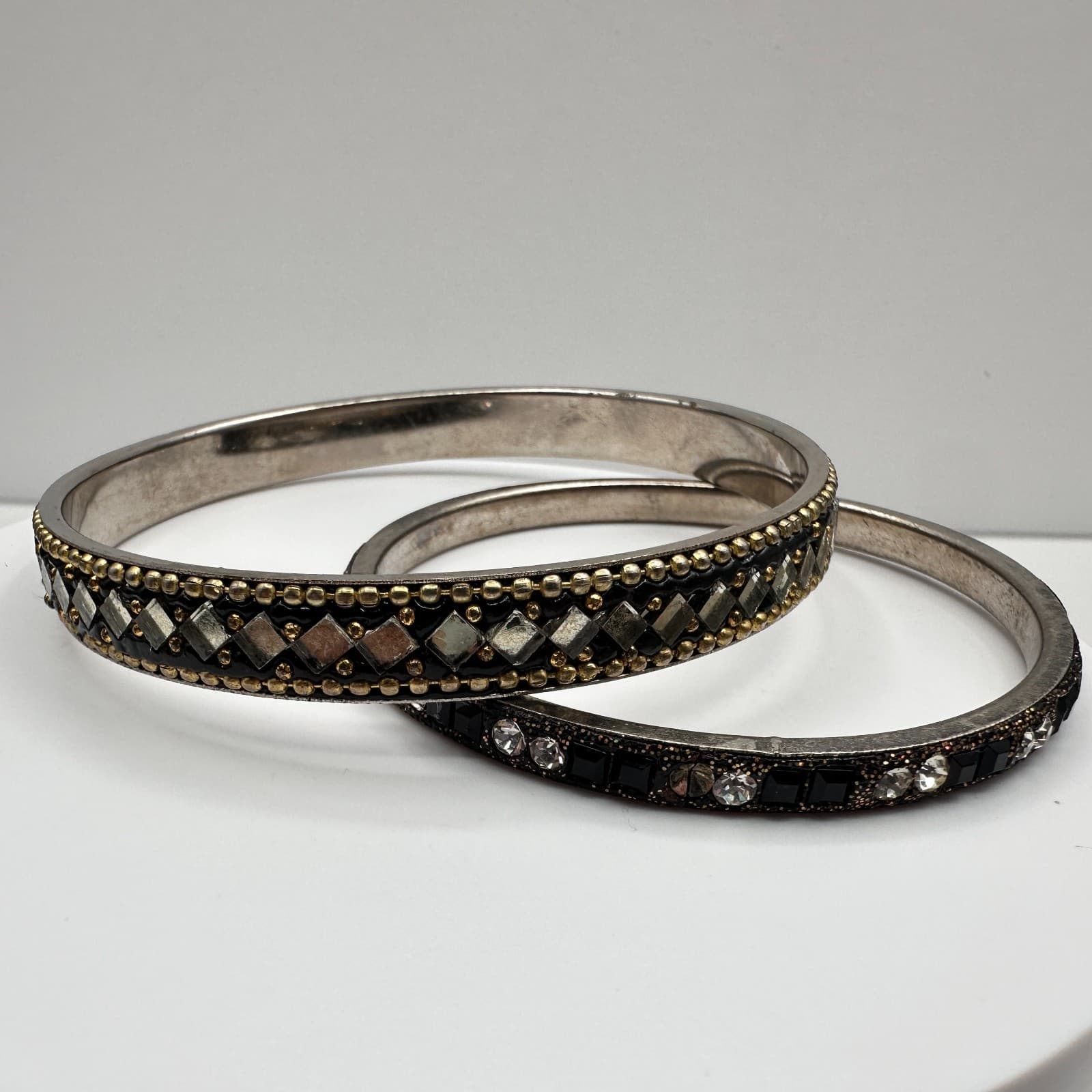 Vintage 90s Black Glass Bangle Bracelet Set Silver Tone Boho Women's Jewelry - Image 1