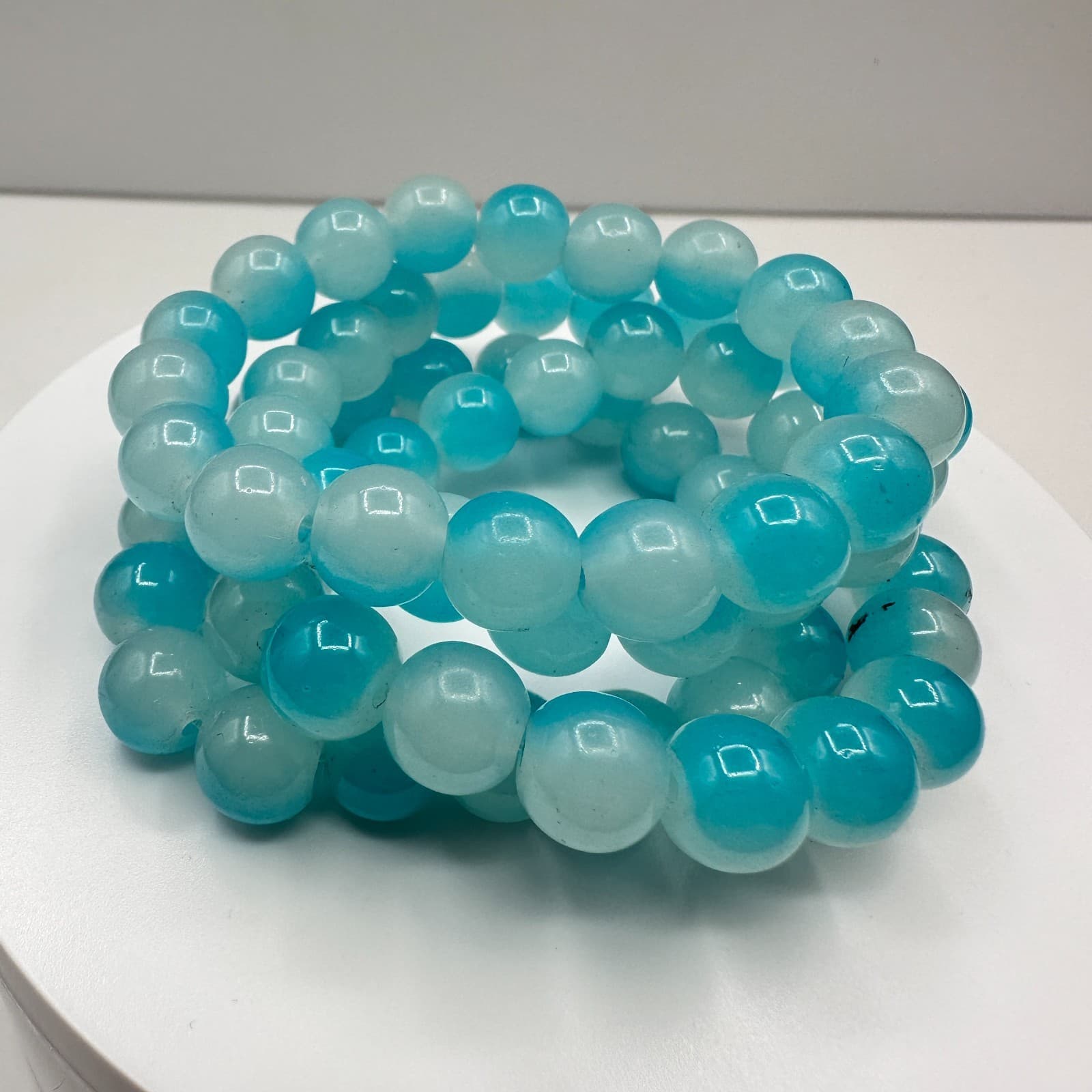 Vintage 90s Blue Aqua Quartz Glass Bead Stretch Bracelet Boho Stackable Fashion - Image 1