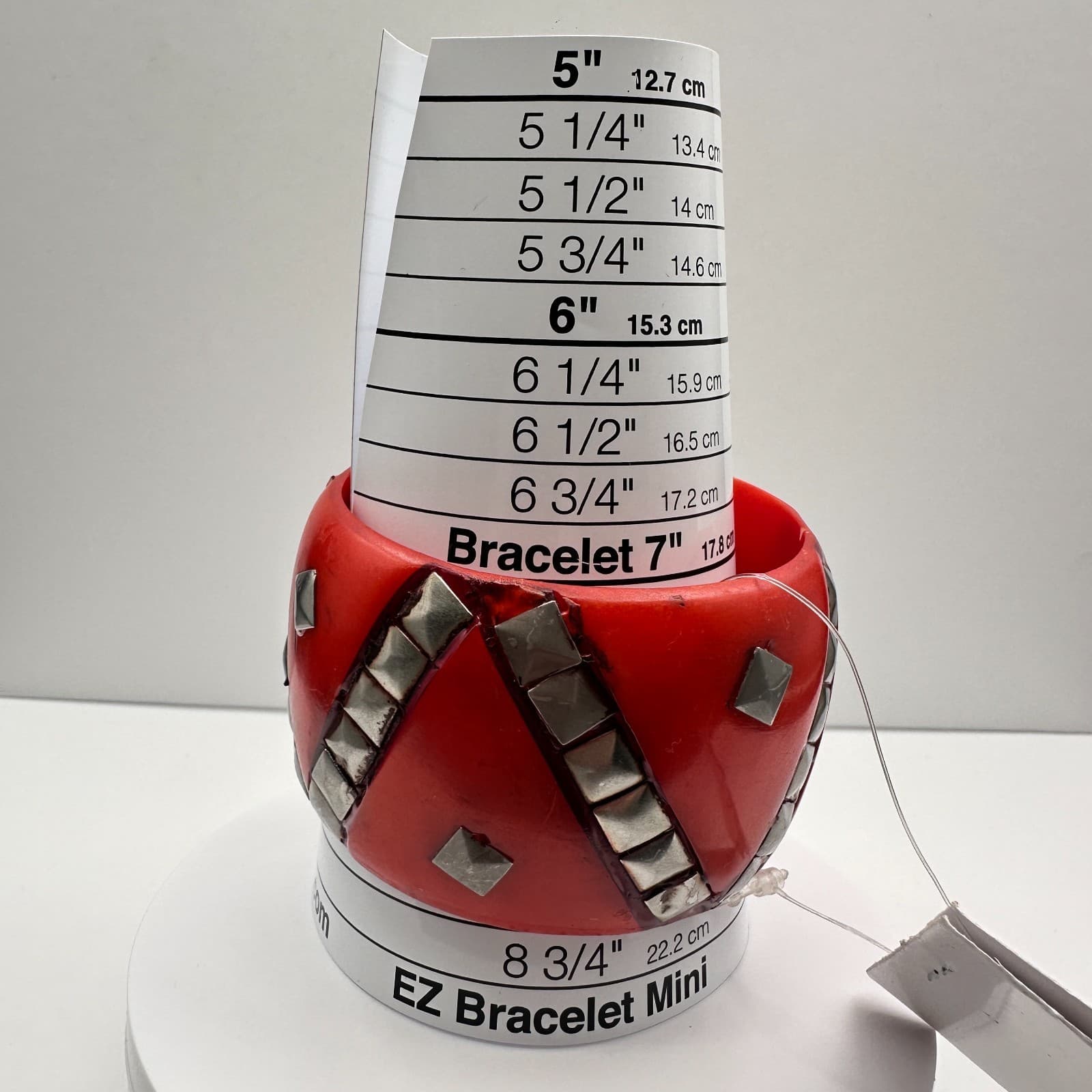 Vintage 80s Antika Red Resin Bangle Bracelet Studded Silver Pyramids Bold Punk - Thumbnail 6