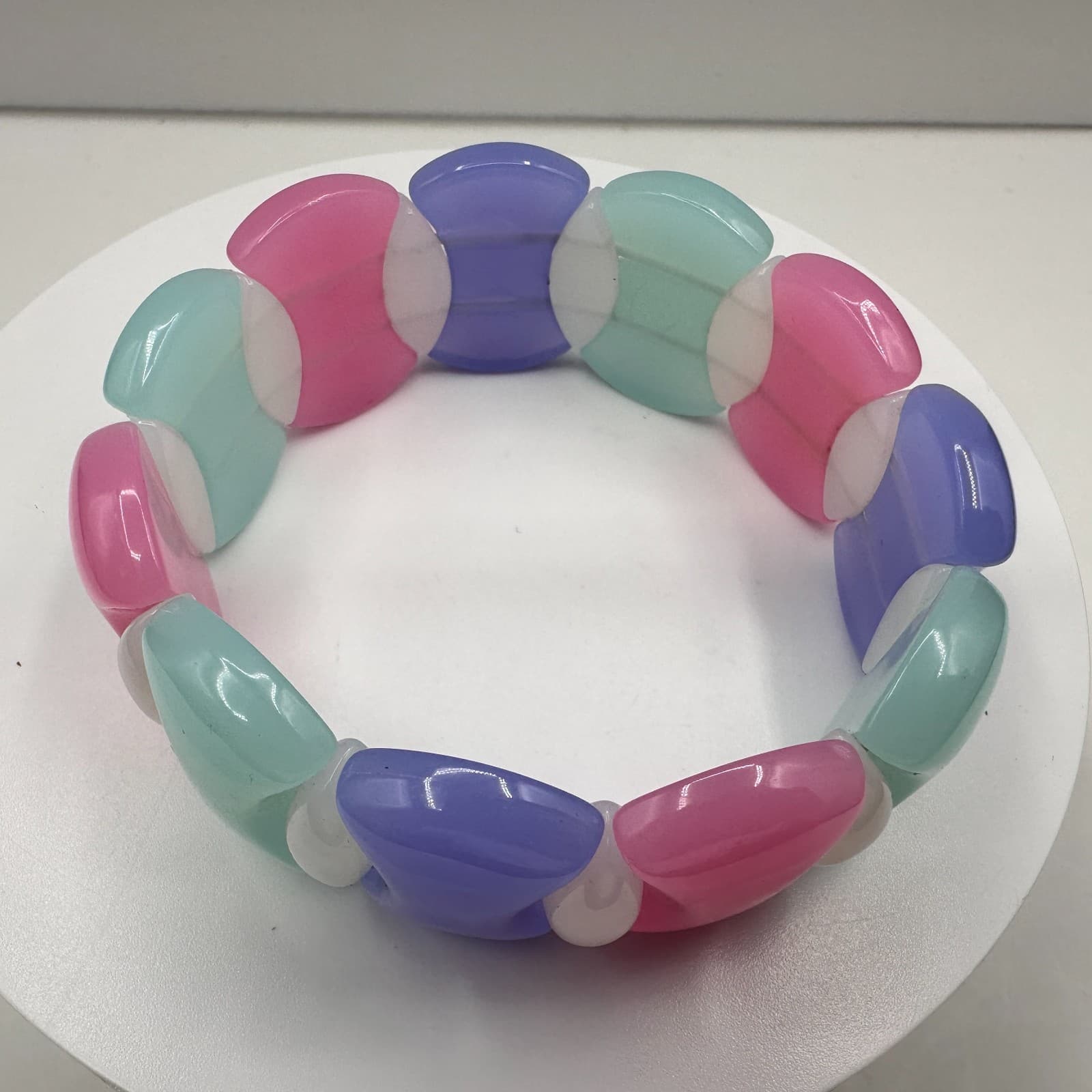 Vintage 90s Pastel Resin Stretch Bracelet Pink Purple Teal Chunky Retro Bangle - Thumbnail 4