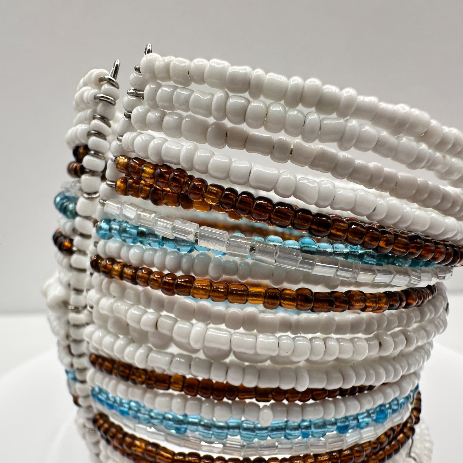 Vintage 90s Multi-Row Seed Bead Cuff Bracelet Boho Wide Stacked Women's Jewelry - Thumbnail 3