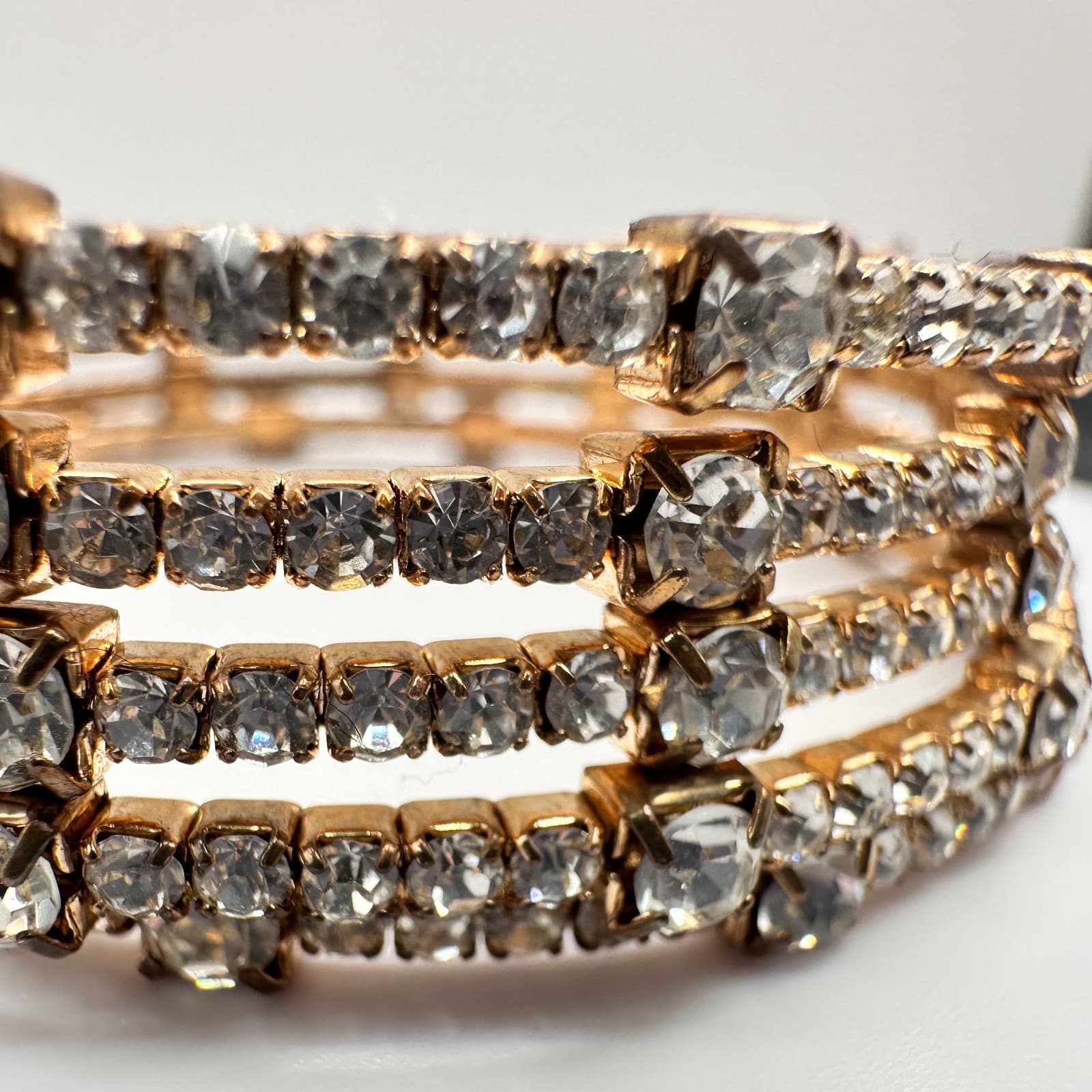 Vintage 60s 70s Gold Tone 4-Row Rhinestone Coil Wrap Bracelet Mid-Century Style - Thumbnail 5