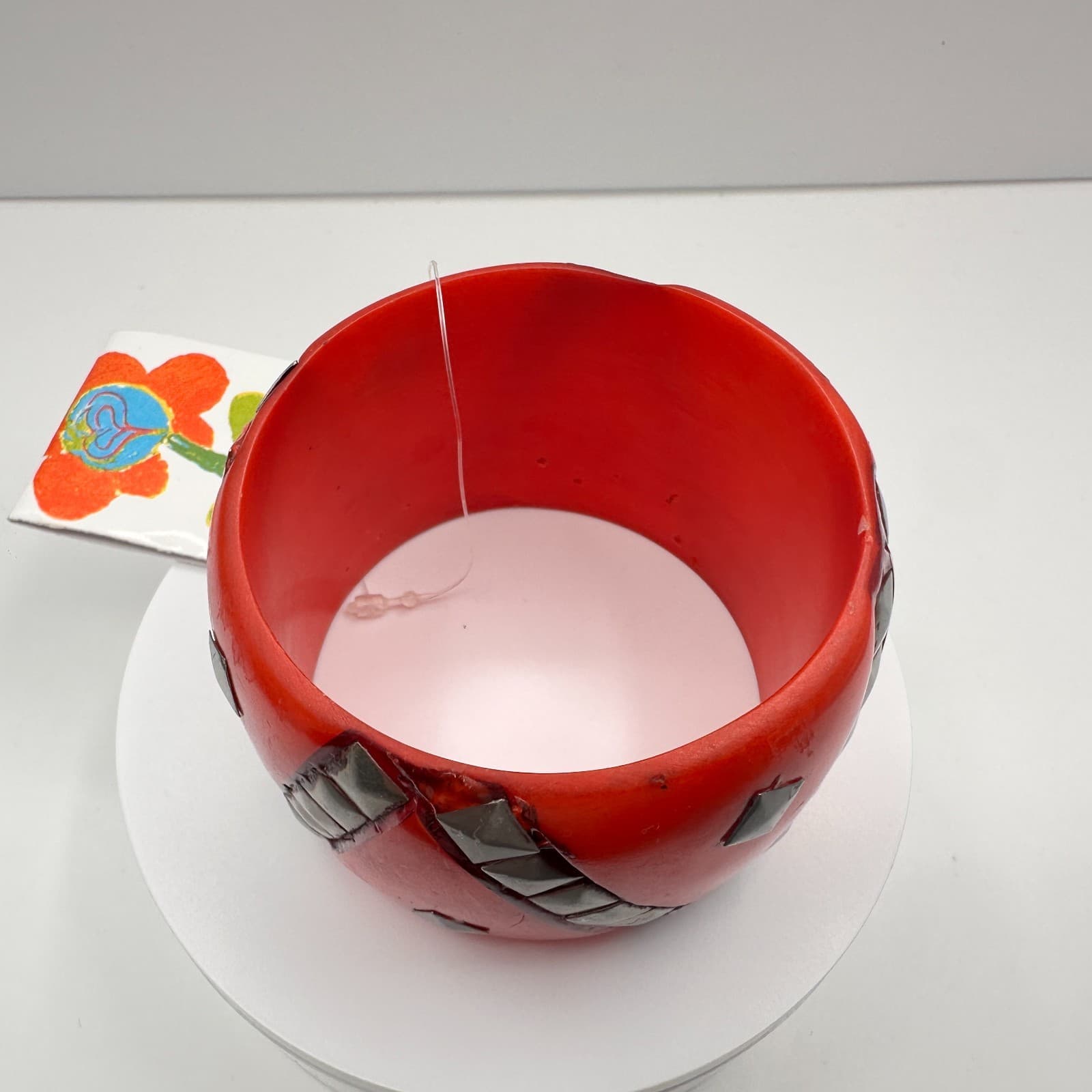 Vintage 80s Antika Red Resin Bangle Bracelet Studded Silver Pyramids Bold Punk - Thumbnail 5