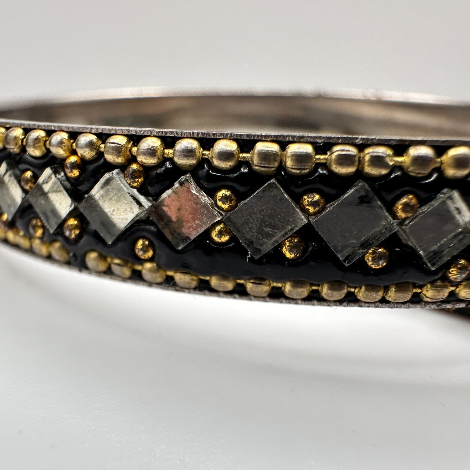 Vintage 90s Black Glass Bangle Bracelet Set Silver Tone Boho Women's Jewelry - Thumbnail 5