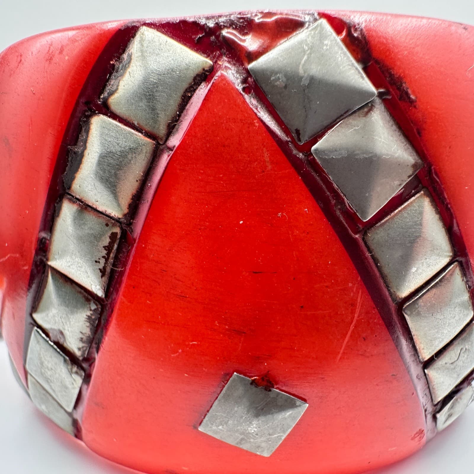 Vintage 80s Antika Red Resin Bangle Bracelet Studded Silver Pyramids Bold Punk - Thumbnail 3
