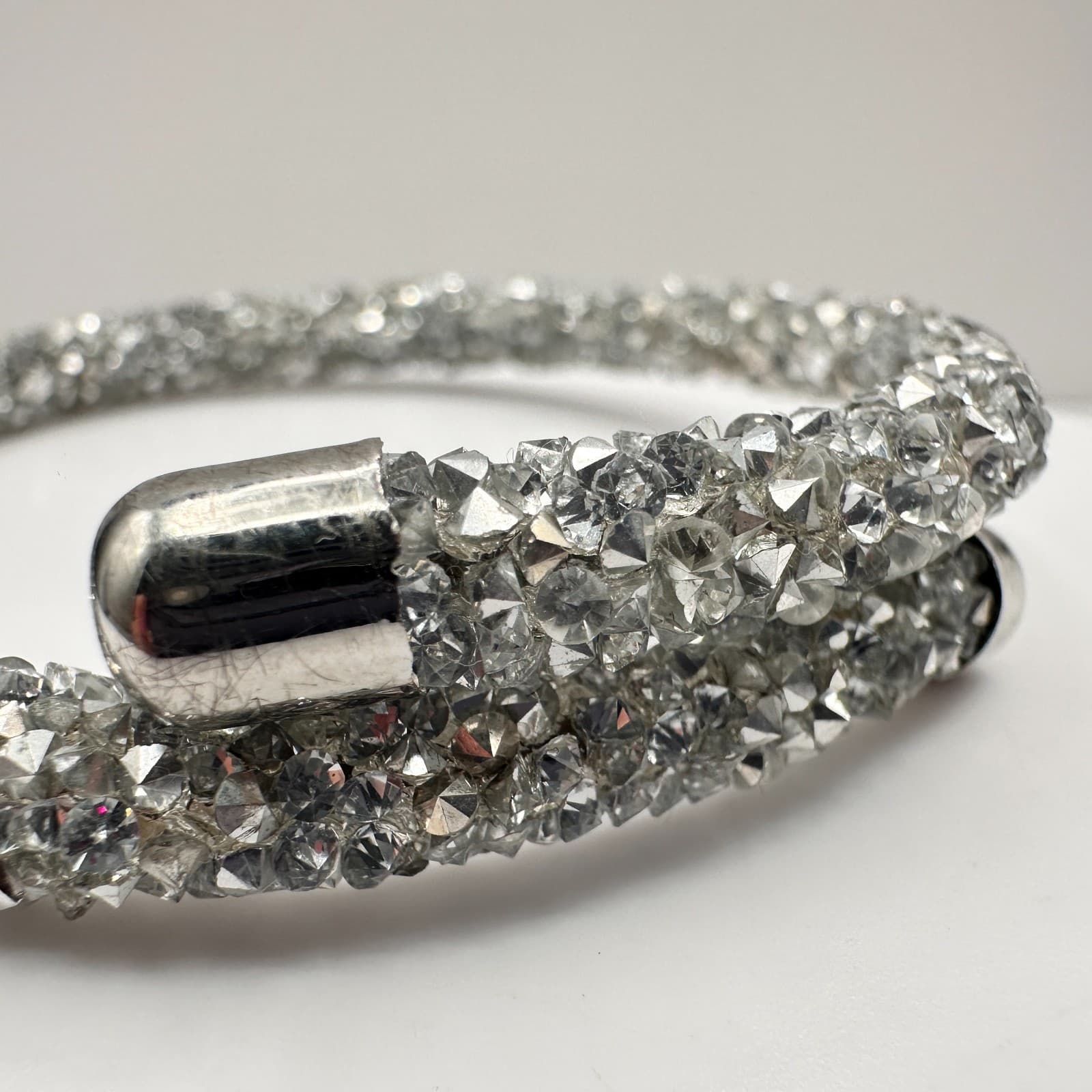 Vintage 90s Silver Tone Glass Mesh Wrap Bracelet Sparkly Boho Glamour Jewelry - Thumbnail 5