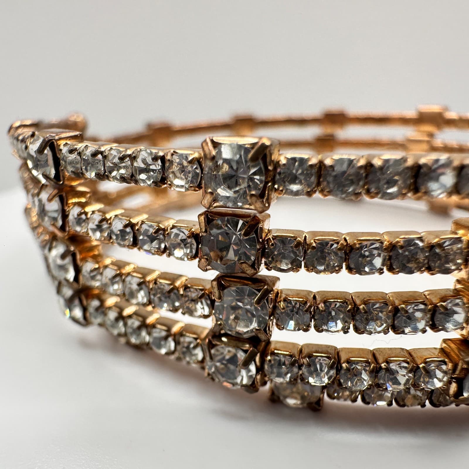 Vintage 60s 70s Gold Tone 4-Row Rhinestone Coil Wrap Bracelet Mid-Century Style - Thumbnail 4