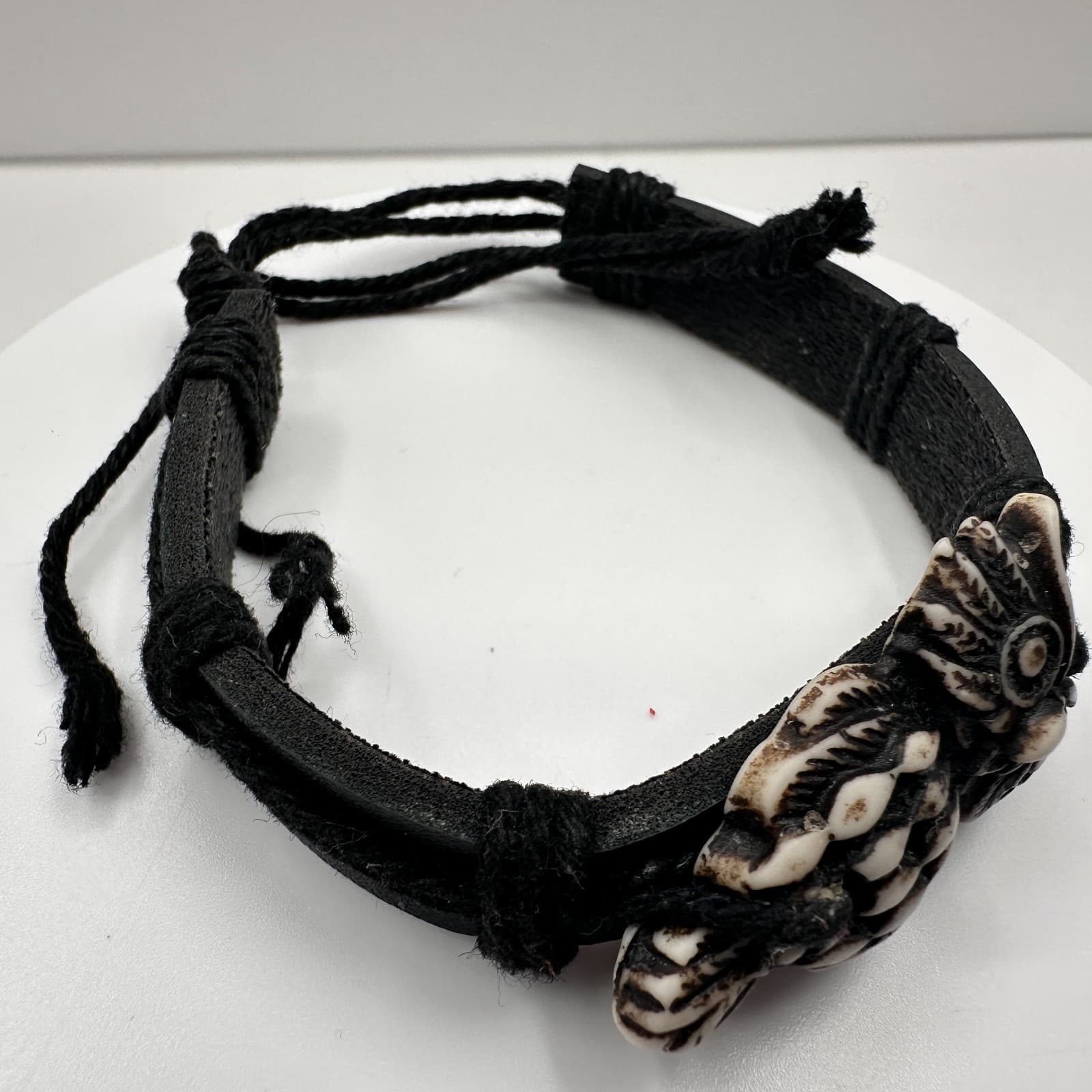 Vintage 90s Owl Charm Black Leather Bracelet Boho Ethnic Style Classic Jewelry - Thumbnail 6