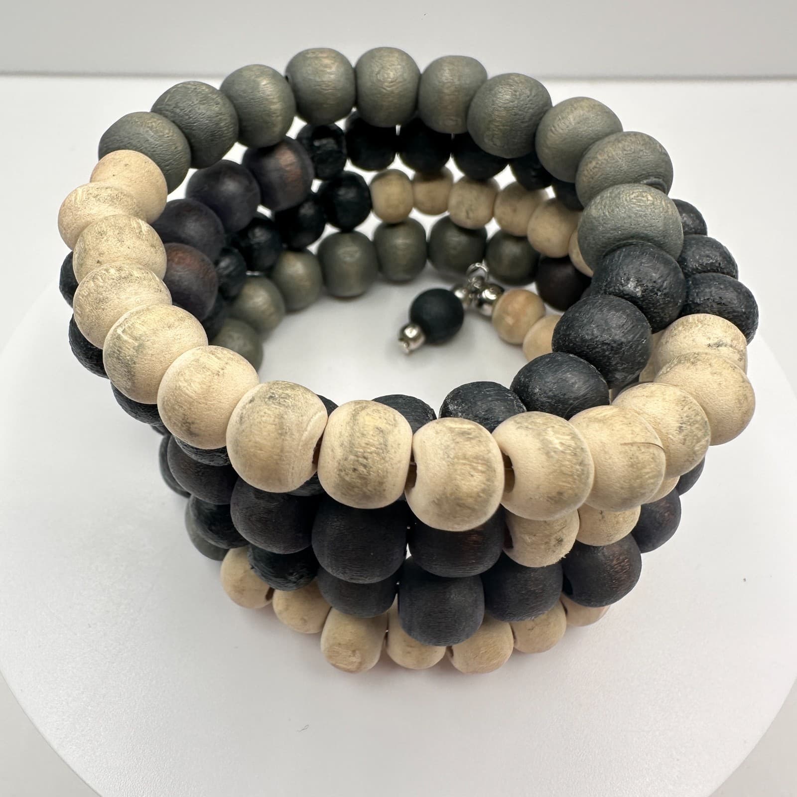 Vintage 90s Boho Wooden Bead Coil Wrap Bracelet Neutral Classic Fashion Jewelry - Thumbnail 6