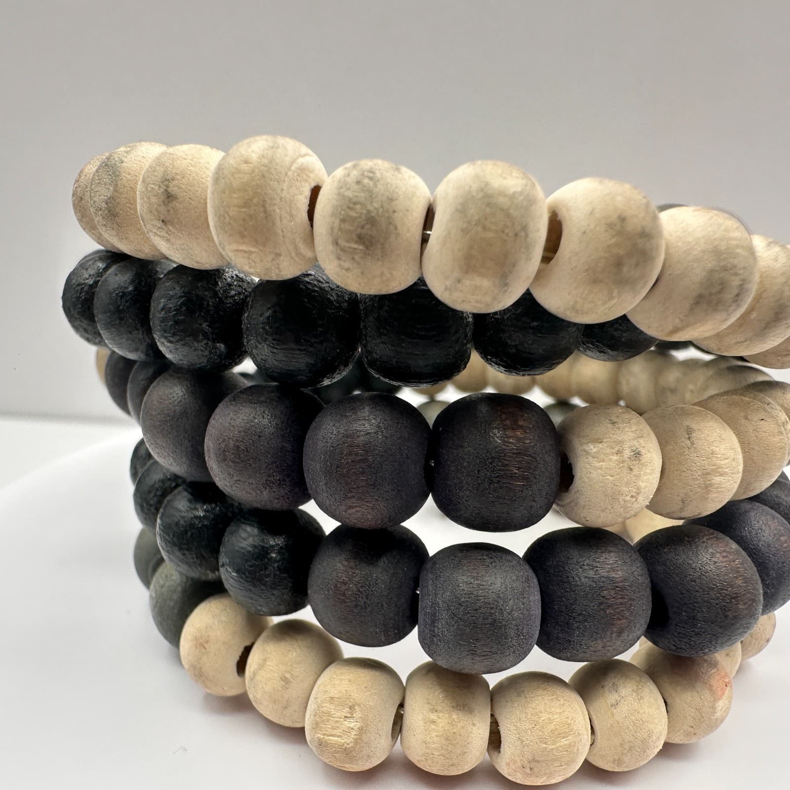 Vintage 90s Boho Wooden Bead Coil Wrap Bracelet Neutral Classic Fashion Jewelry - Thumbnail 2