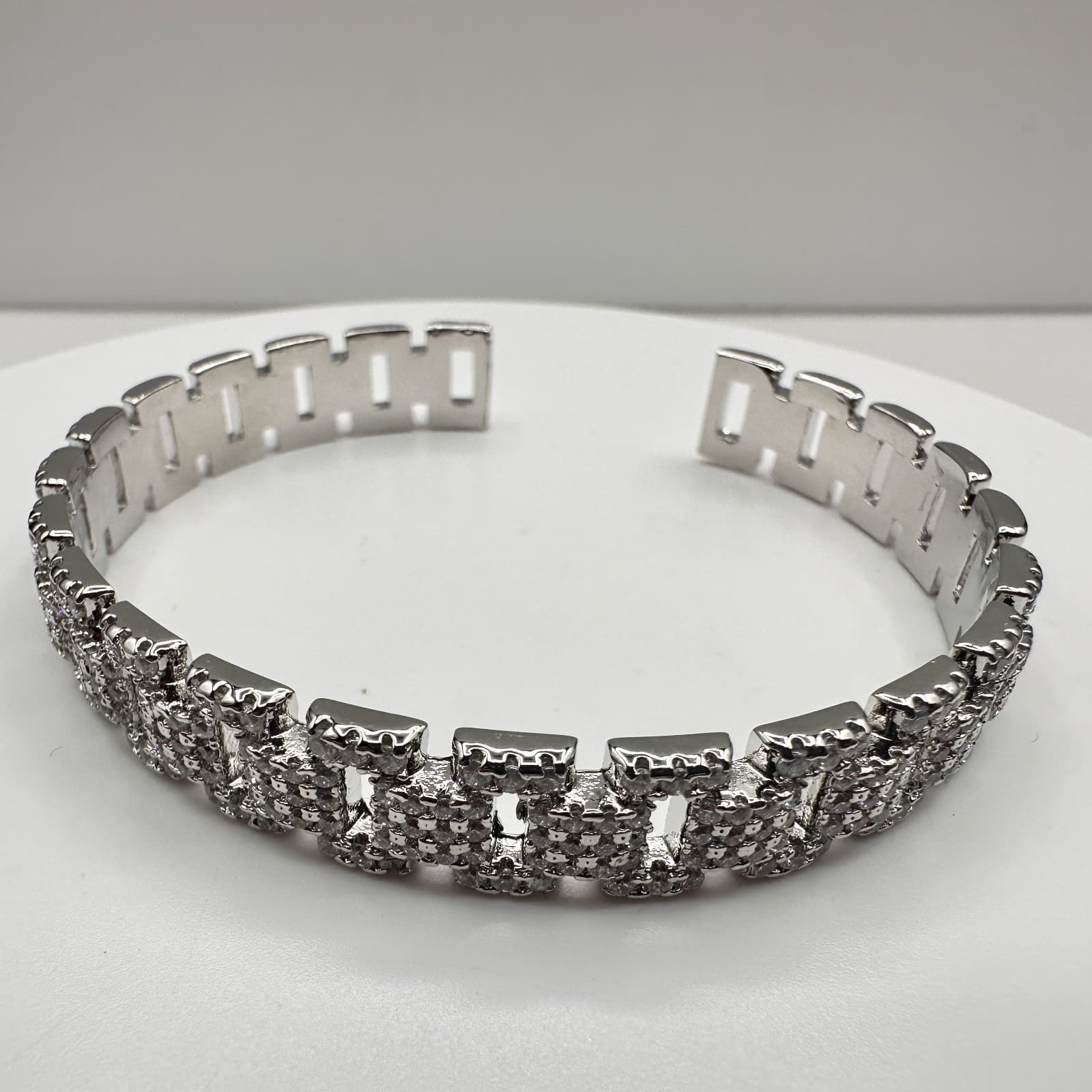 Vintage 90s Silver Tone Pave Glass Cuff Bracelet Rectangular Link Fashion - Thumbnail 5