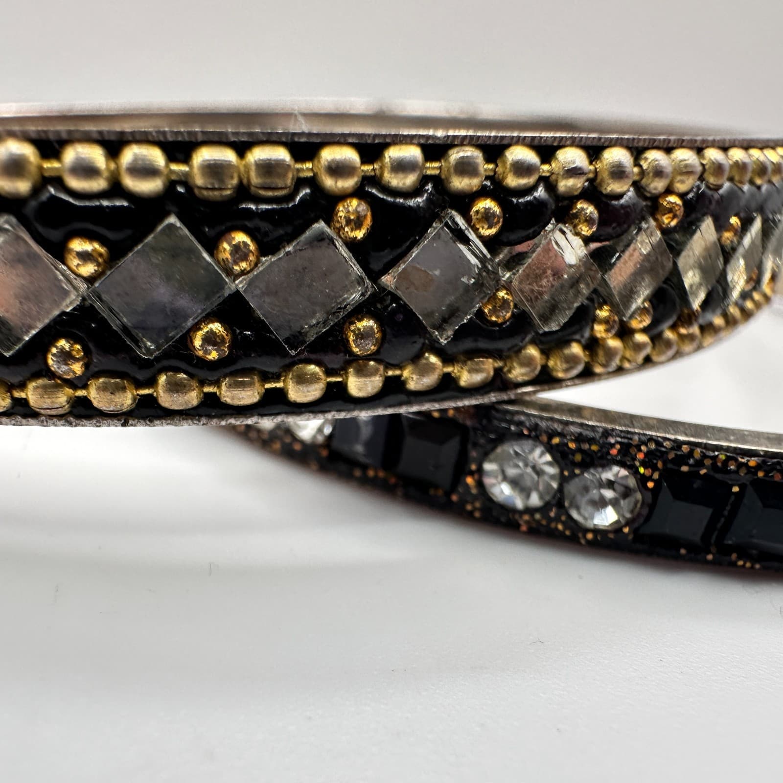 Vintage 90s Black Glass Bangle Bracelet Set Silver Tone Boho Women's Jewelry - Thumbnail 4