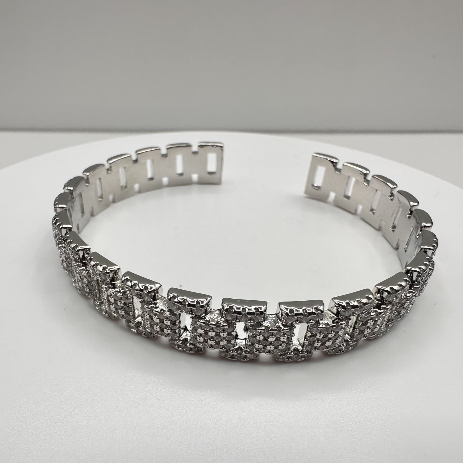 Vintage 90s Silver Tone Pave Glass Cuff Bracelet Rectangular Link Fashion - Thumbnail 2