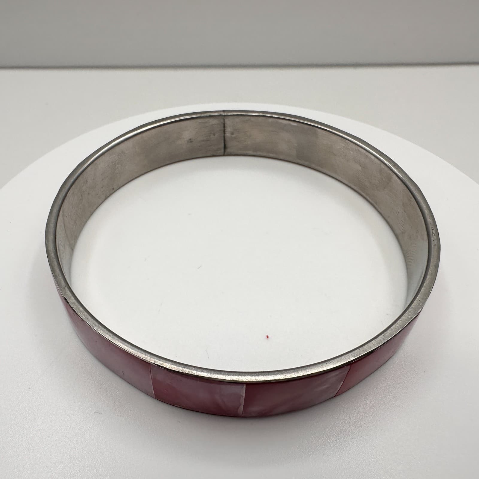 Vintage 80s Pink Mother of Pearl Inlay Bangle Bracelet Silver Tone Boho Retro - Thumbnail 3