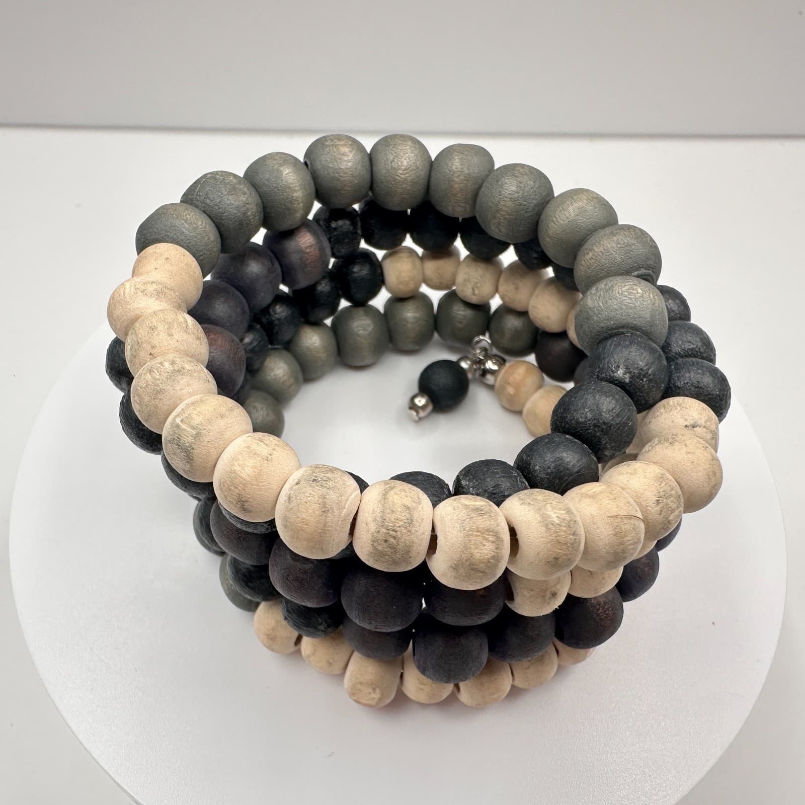 Vintage 90s Boho Wooden Bead Coil Wrap Bracelet Neutral Classic Fashion Jewelry - Thumbnail 4