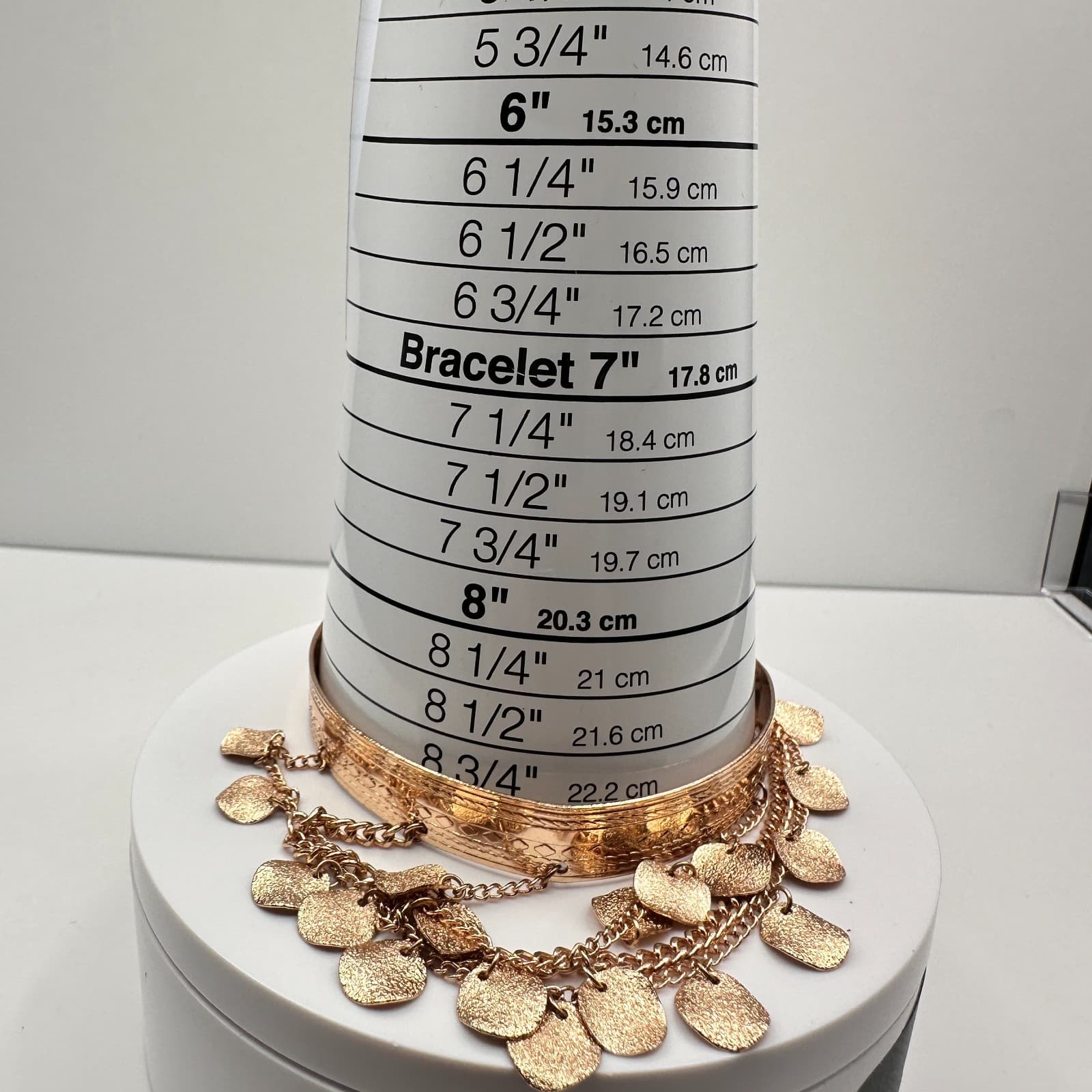 Vintage 90s Gold Tone Boho Tiered Coin Charm Cuff Bracelet Etched Statement - Thumbnail 9