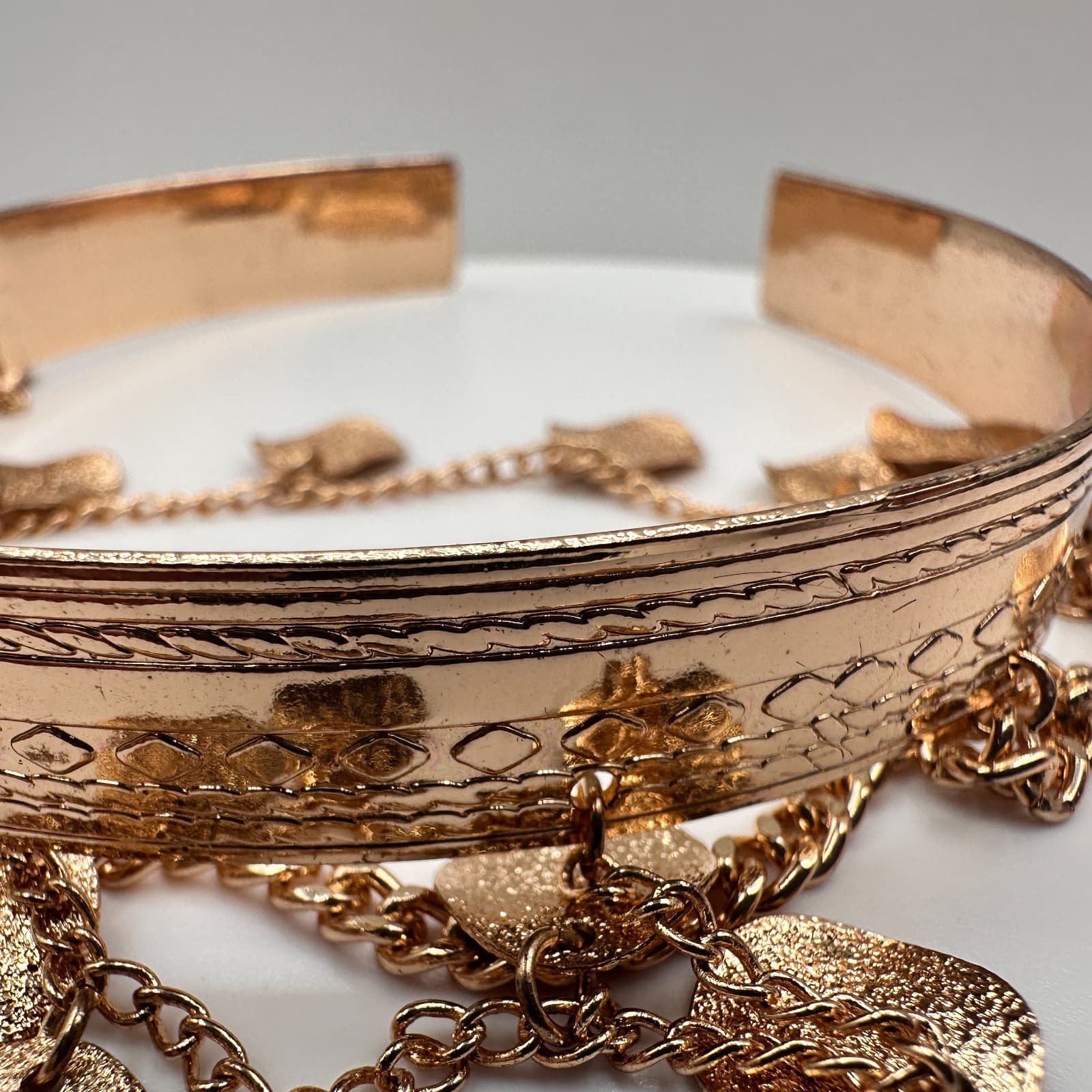 Vintage 90s Gold Tone Boho Tiered Coin Charm Cuff Bracelet Etched Statement - Thumbnail 7