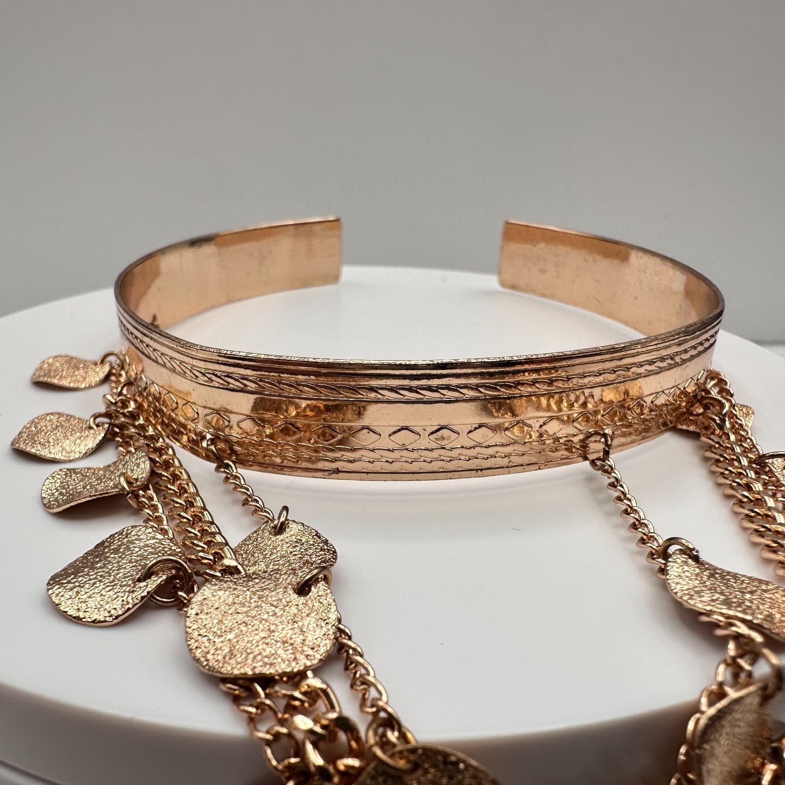 Vintage 90s Gold Tone Boho Tiered Coin Charm Cuff Bracelet Etched Statement - Thumbnail 2