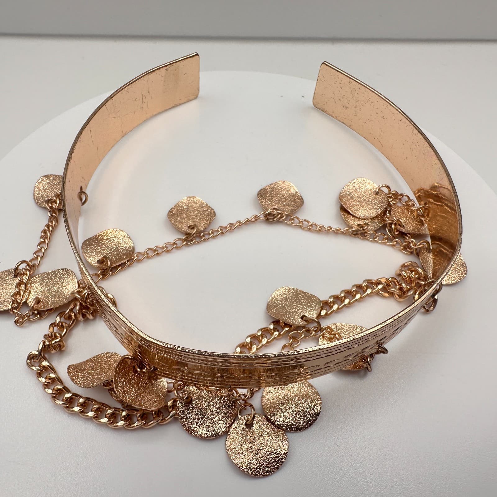 Vintage 90s Gold Tone Boho Tiered Coin Charm Cuff Bracelet Etched Statement - Thumbnail 4