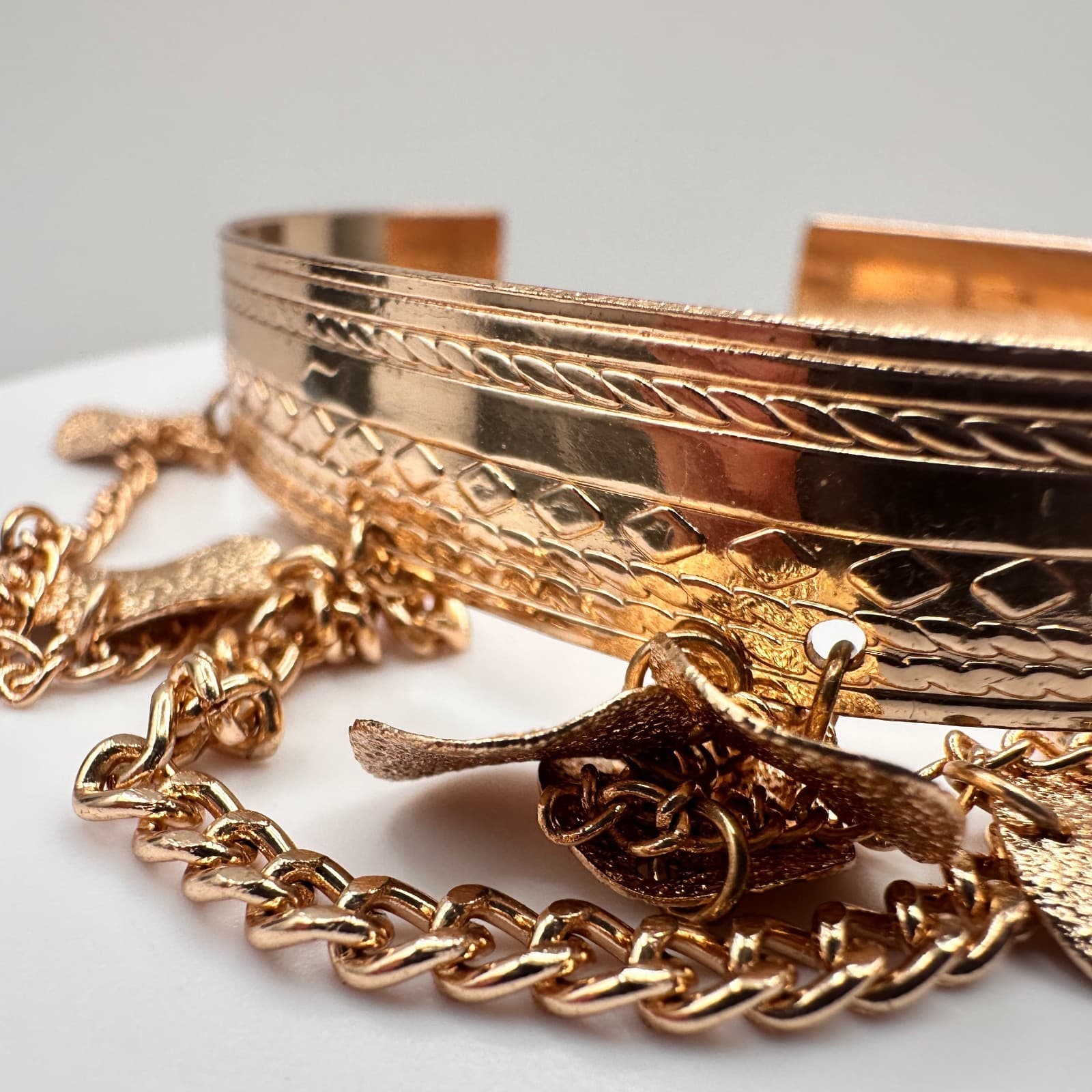 Vintage 90s Gold Tone Boho Tiered Coin Charm Cuff Bracelet Etched Statement - Thumbnail 5